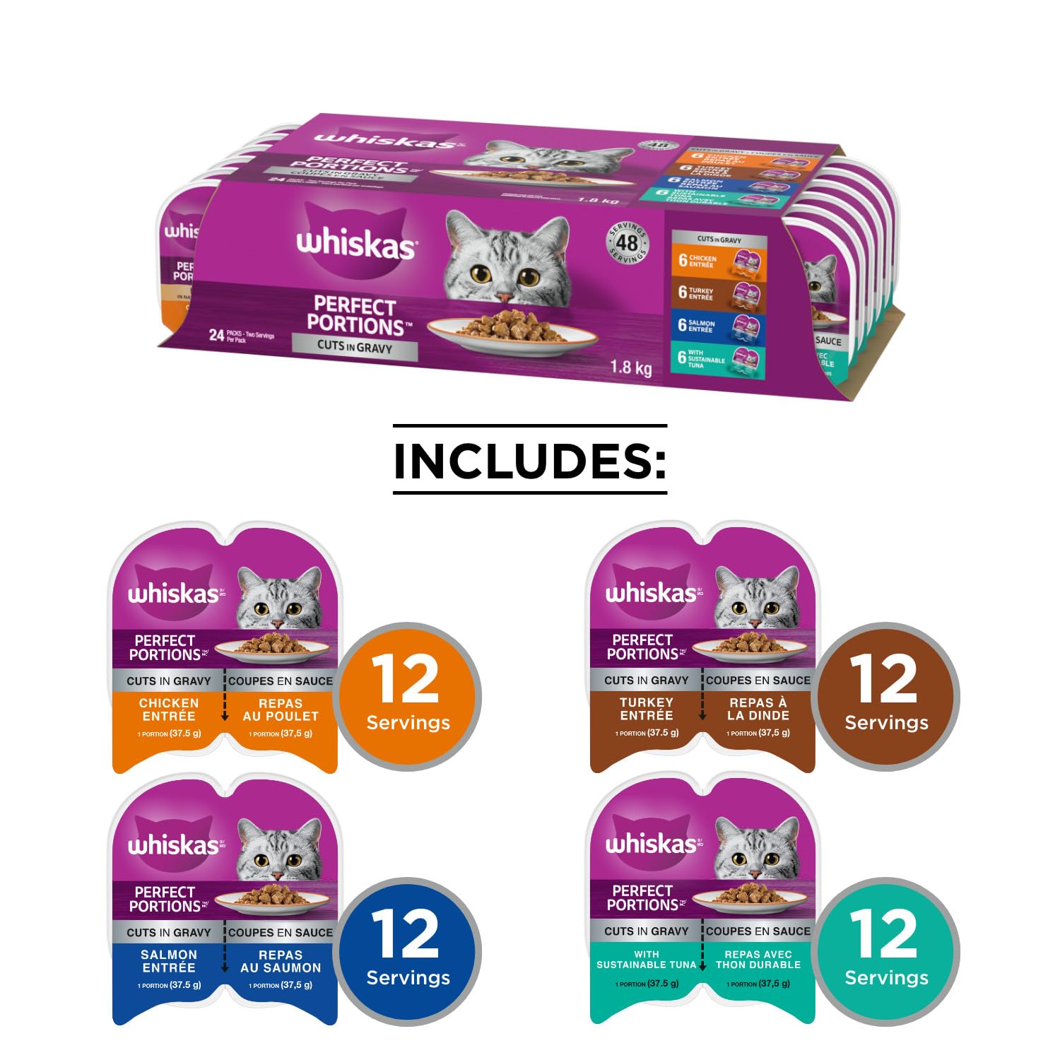 WHISKAS PERFECT PORTIONS Cuts in Gravy, Wet Cat Food, Chicken, Turkey, Salmon, Tuna Entrées, 24x75g Trays, 2 Single-serve Meals, For Adult Cats & Kittens, Made With Real Poultry & Seafood