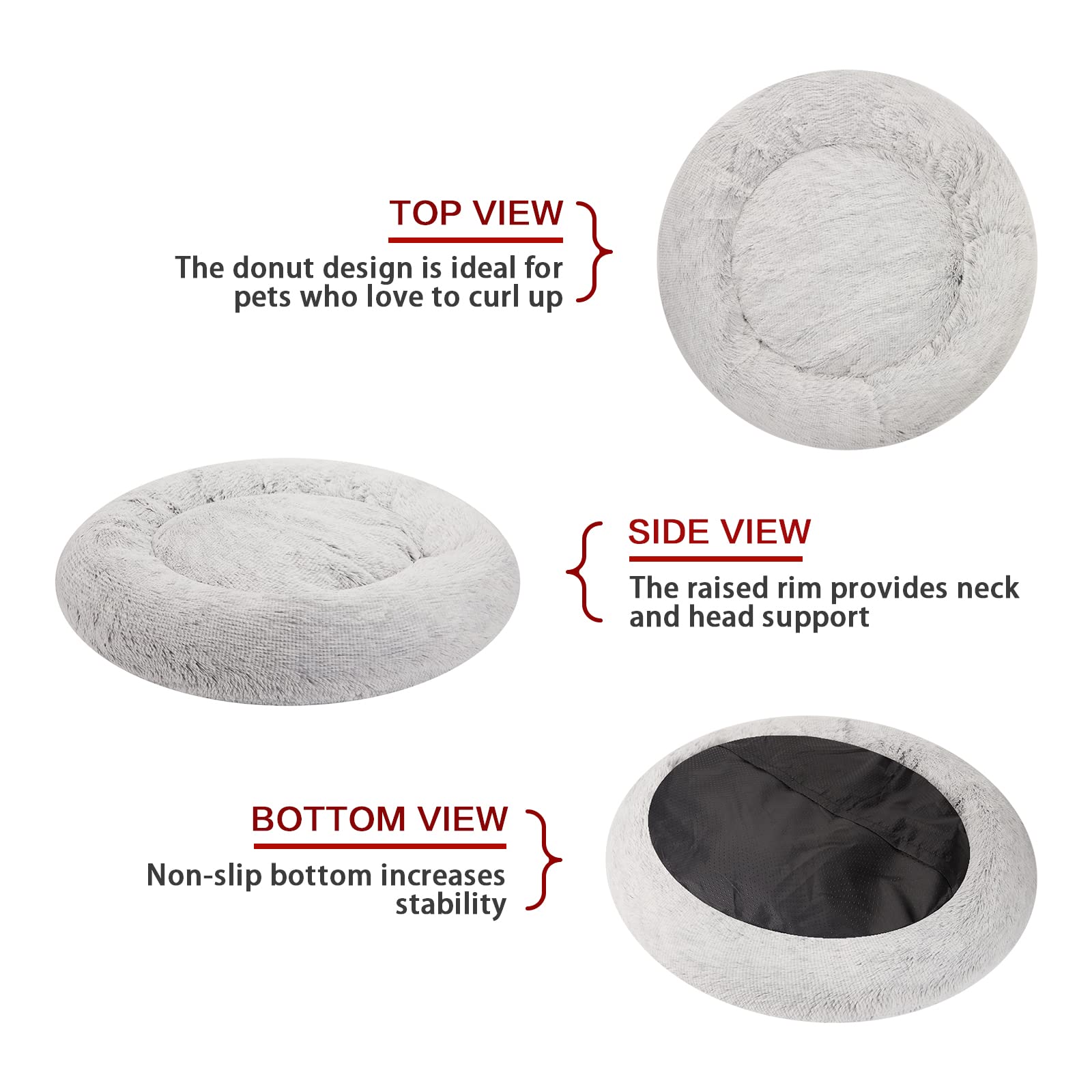 Bedfolks Calming Donut Cat Bed, Dia23 Round Fluffy Dog Beds for Small Dogs & Cat Beds for Indoor Cats, Washable Anti-Anxiety Plush Puppy Bed（Pink, Small）