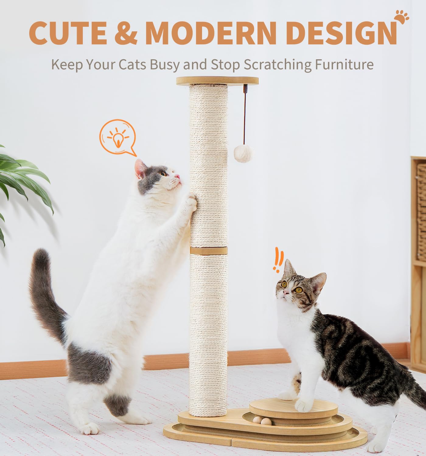 Made4Pets Cat Scratching Post with Cloud Bed Perch & Toys for Indoor Cats, Small Cat Tree Tower with Sisal Cat Scratcher & 2 Layer Track Balls, 6-in-1 with Self Groomer Brush & Plush Balls for Kittens