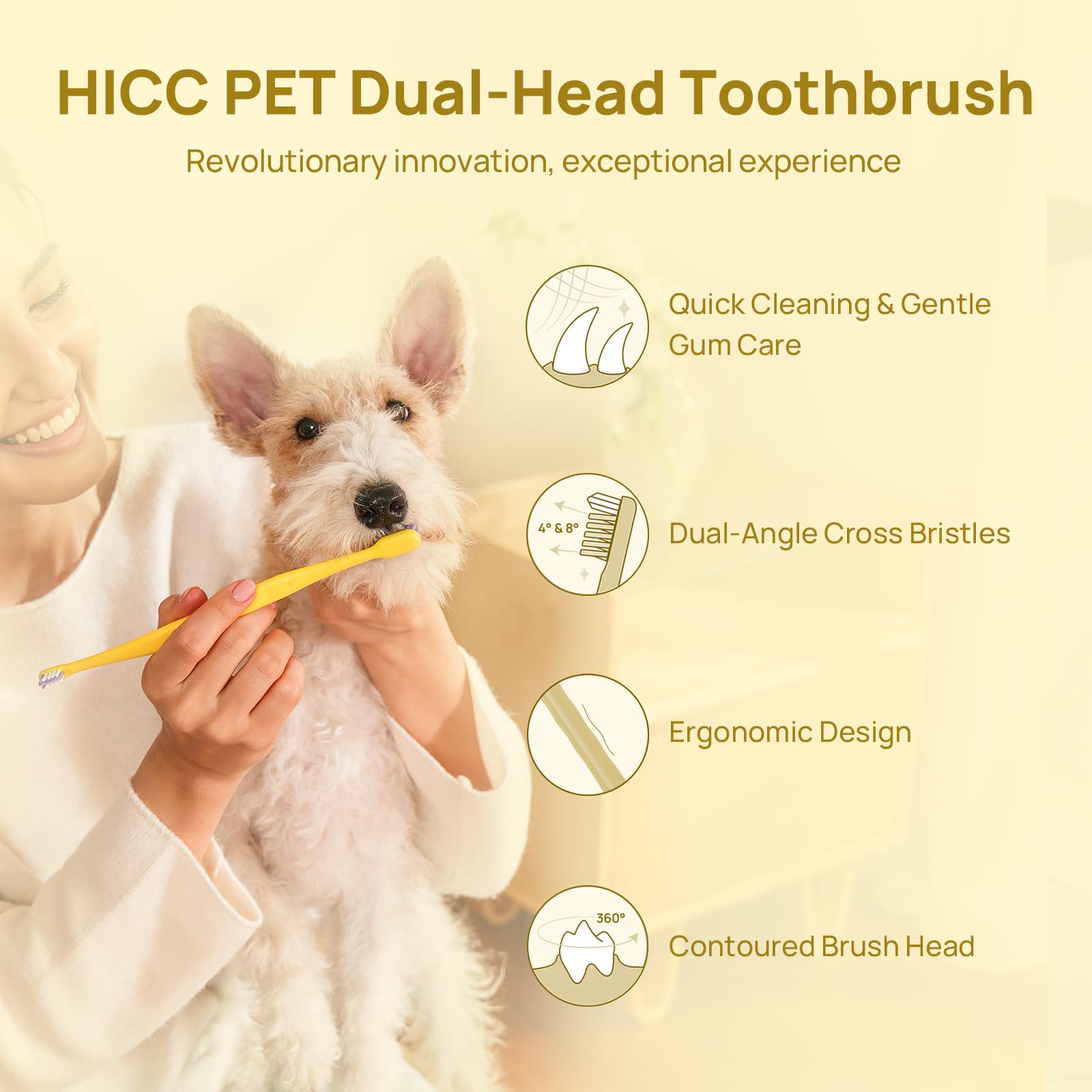 HICC PET Toothbrush for Dogs & Large Cats, Vet-Recommended Dog Toothbrush with Triple Bristle, Ergonomic Design, Improves Oral Hygiene, Deep Teeth Cleaning, Gum & Dental Care, Toothpaste Not Included