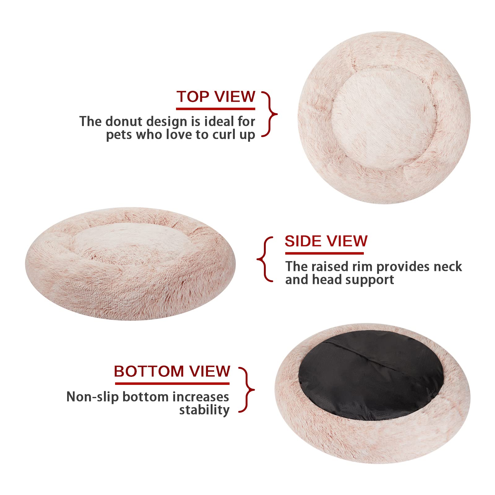 Bedfolks Calming Donut Cat Bed, Dia23 Round Fluffy Dog Beds for Small Dogs & Cat Beds for Indoor Cats, Washable Anti-Anxiety Plush Puppy Bed（Pink, Small）