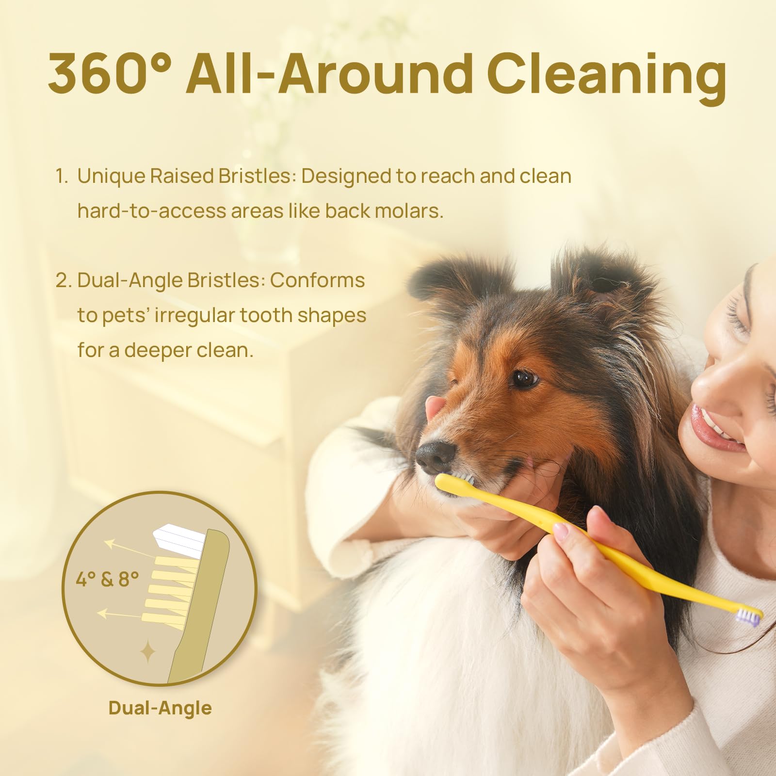 HICC PET Toothbrush for Dogs & Large Cats, Vet-Recommended Dog Toothbrush with Triple Bristle, Ergonomic Design, Improves Oral Hygiene, Deep Teeth Cleaning, Gum & Dental Care, Toothpaste Not Included