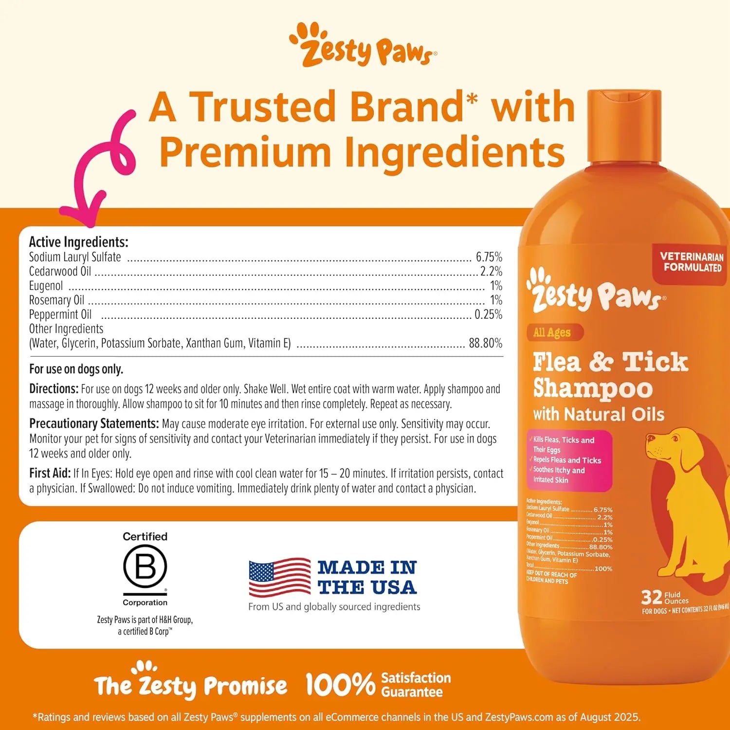 Zesty Paws Flea & Tick Removal Shampoo for Dogs - 16-Fl Oz Natural Soothing Deodorizing Cleaning Formula with Cedarwood Oil & Peppermint for Skin & Coat Care