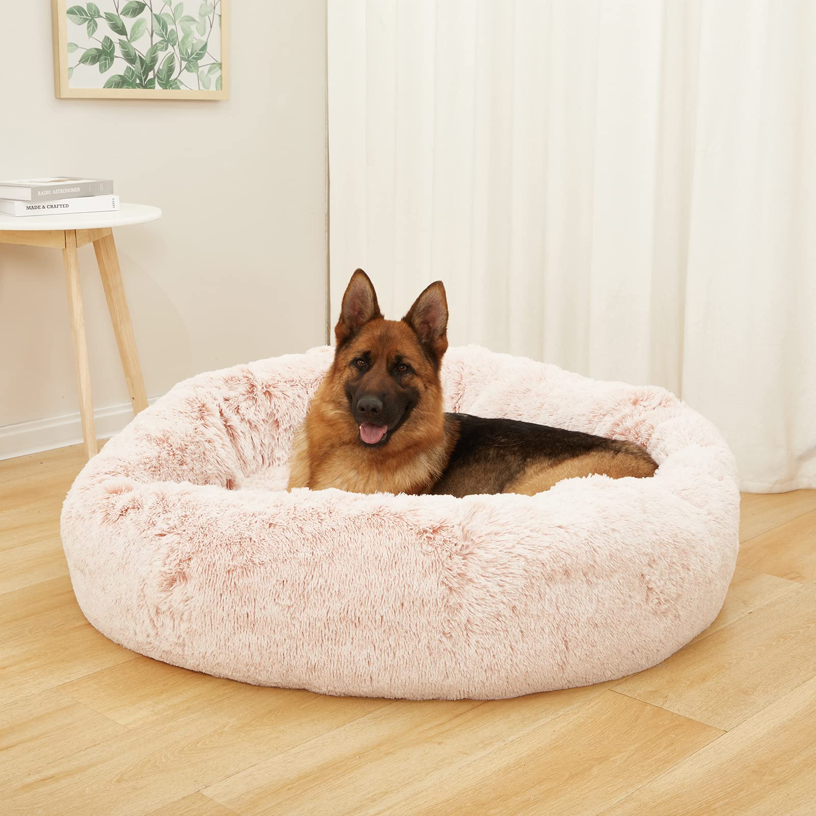 Bedfolks Calming Donut Cat Bed, Dia23 Round Fluffy Dog Beds for Small Dogs & Cat Beds for Indoor Cats, Washable Anti-Anxiety Plush Puppy Bed（Pink, Small）