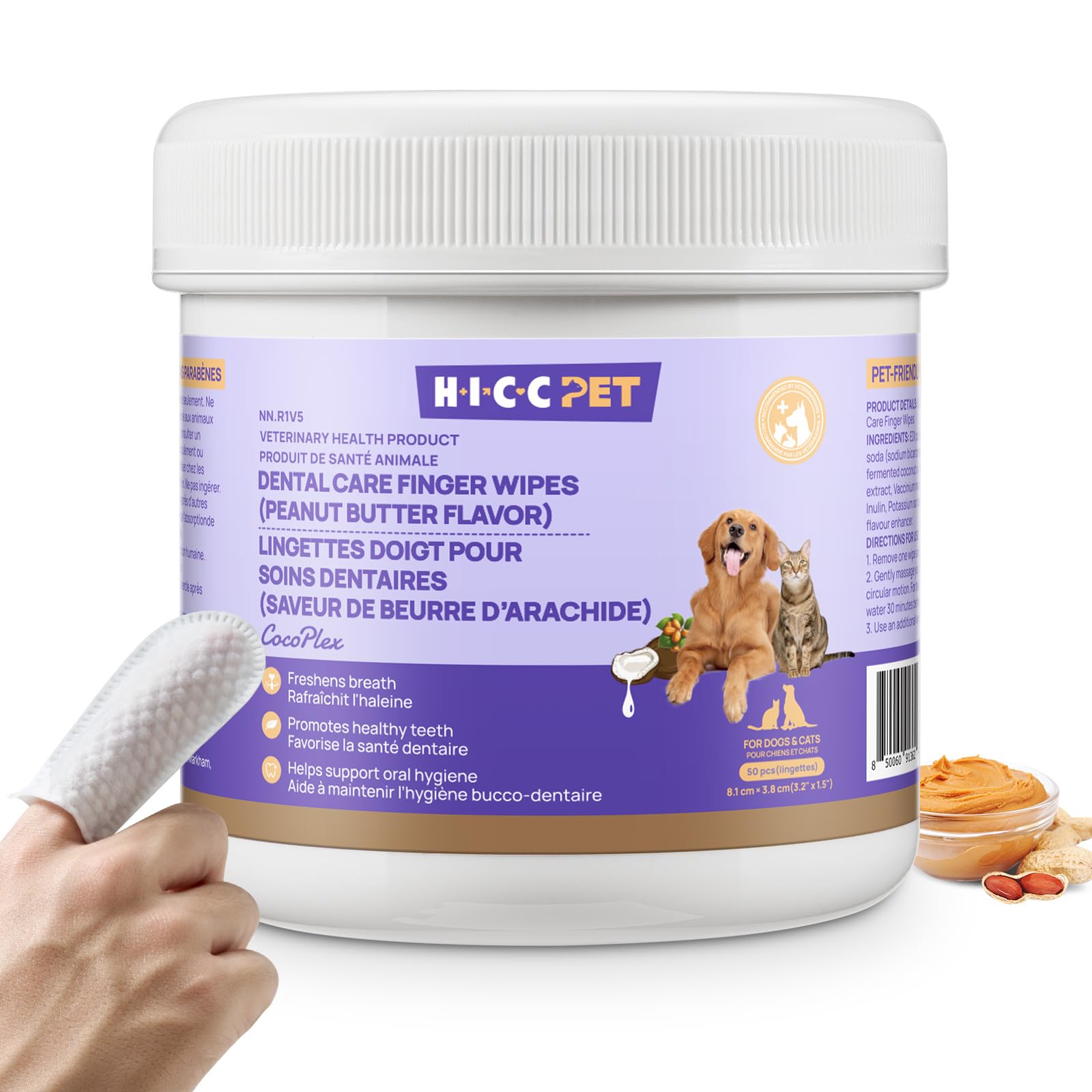 HICC Pet Teeth Cleaning Finger Wipes for Dogs & Cats, Vet-Recommended Remove Bad Breath, Plaque, Tartar Buildup, Fresh Breath Dog Tooth Brushing Kit, Dog Finger Toothbrush & Toothpaste Alternatives