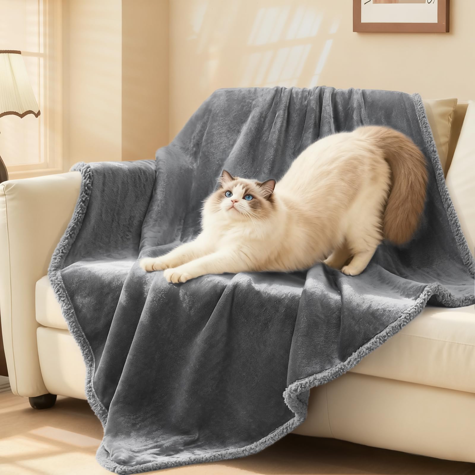 Luciphia Waterproof Bed Blanket Washable,Soft Sherpa Fleece Puppy Reversible Throw Blankets for Small Dog Cat,Furniture Cover Protector Couch Bed from Liquid Pee and Pet Fur, Grey, 40" x 28"