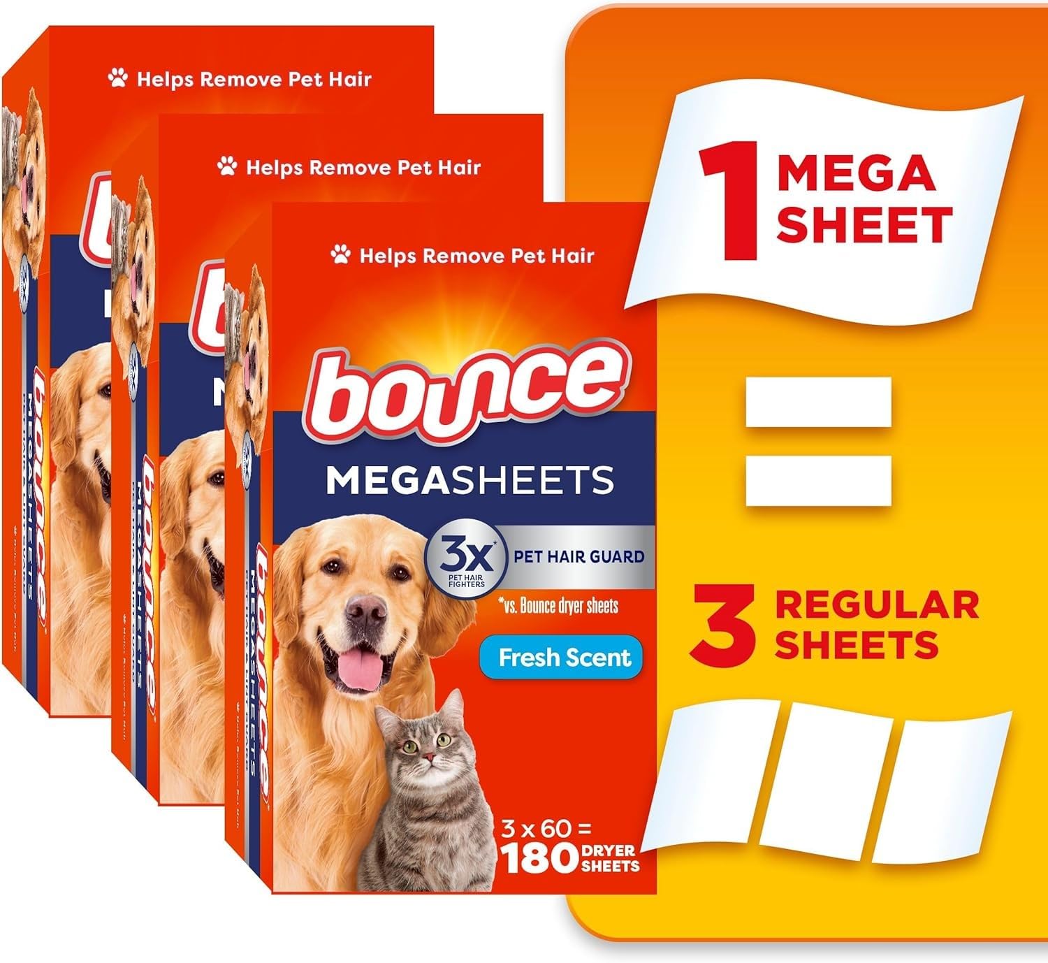 Pet Hair and Lint Guard Mega Dryer Sheets with 3X Pet Hair Fighters, Fresh Scent, 180 Count
