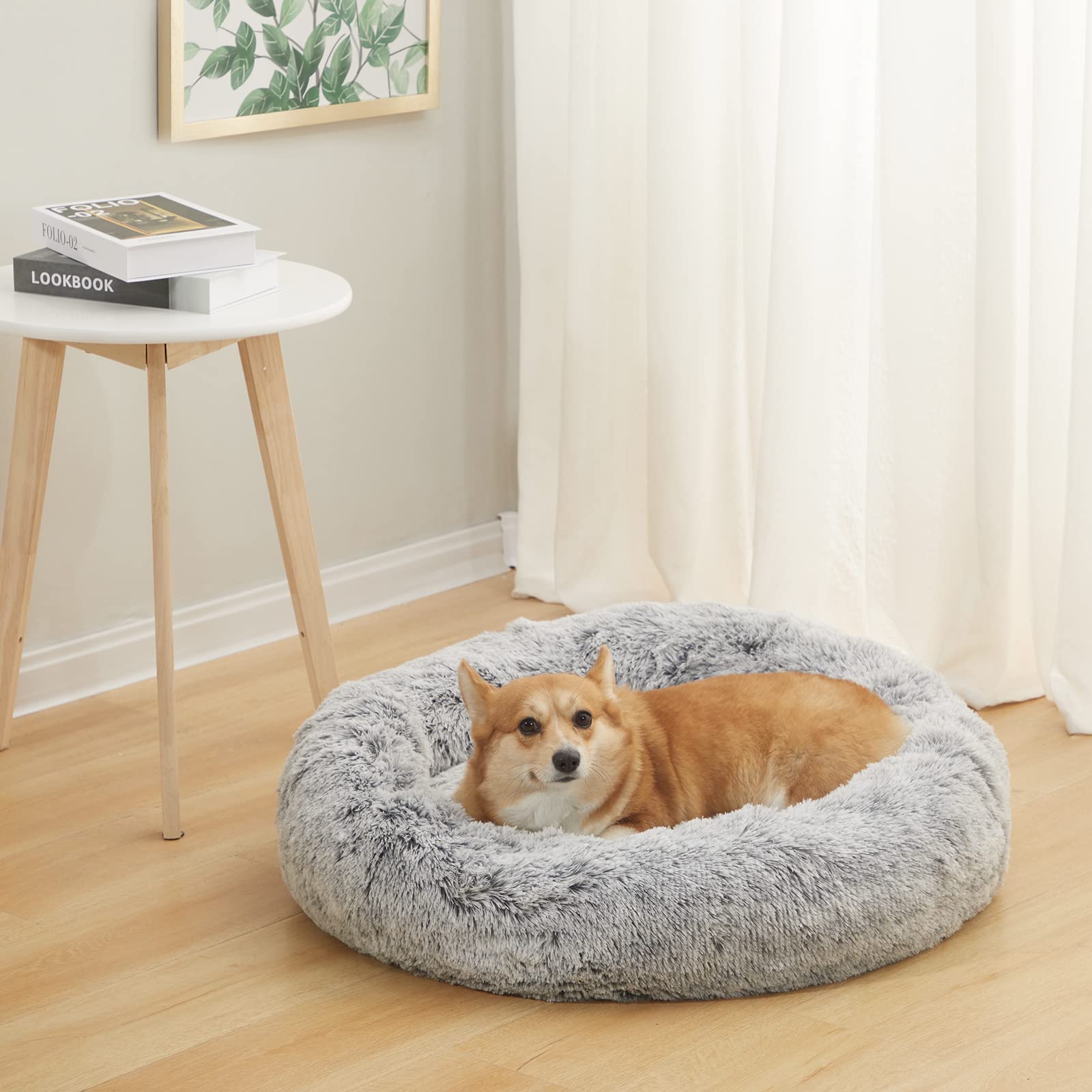 Bedfolks Calming Donut Cat Bed, Dia23 Round Fluffy Dog Beds for Small Dogs & Cat Beds for Indoor Cats, Washable Anti-Anxiety Plush Puppy Bed（Pink, Small）