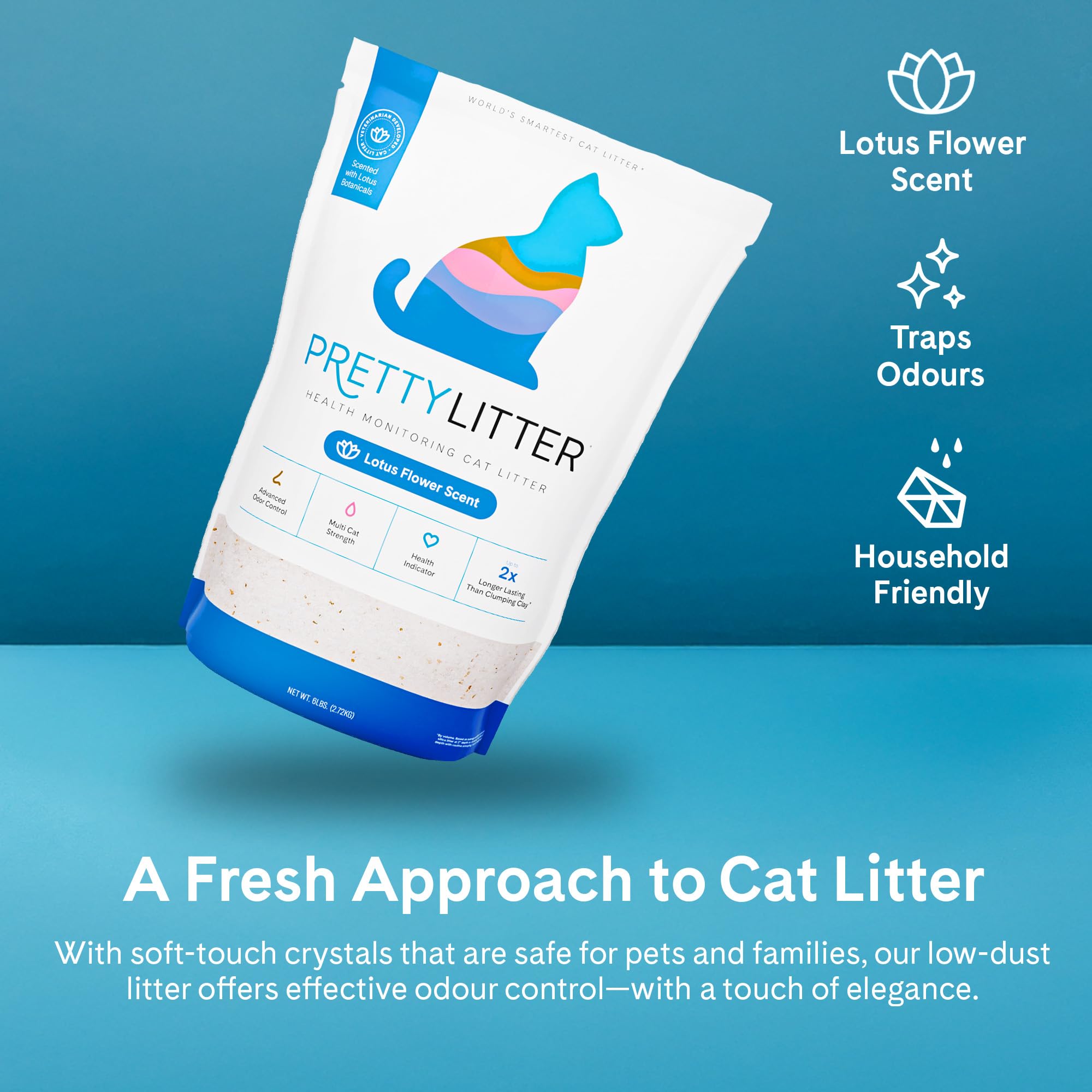 PrettyLitter Health Monitoring Cat Litter (Unscented, Non Clumping) | Lightweight & Low Tracking, Colour Changing Silica Gel Crystals, Advanced Odour Control — 6 Lbs, 1-Pack (Up to 1 Month Supply)