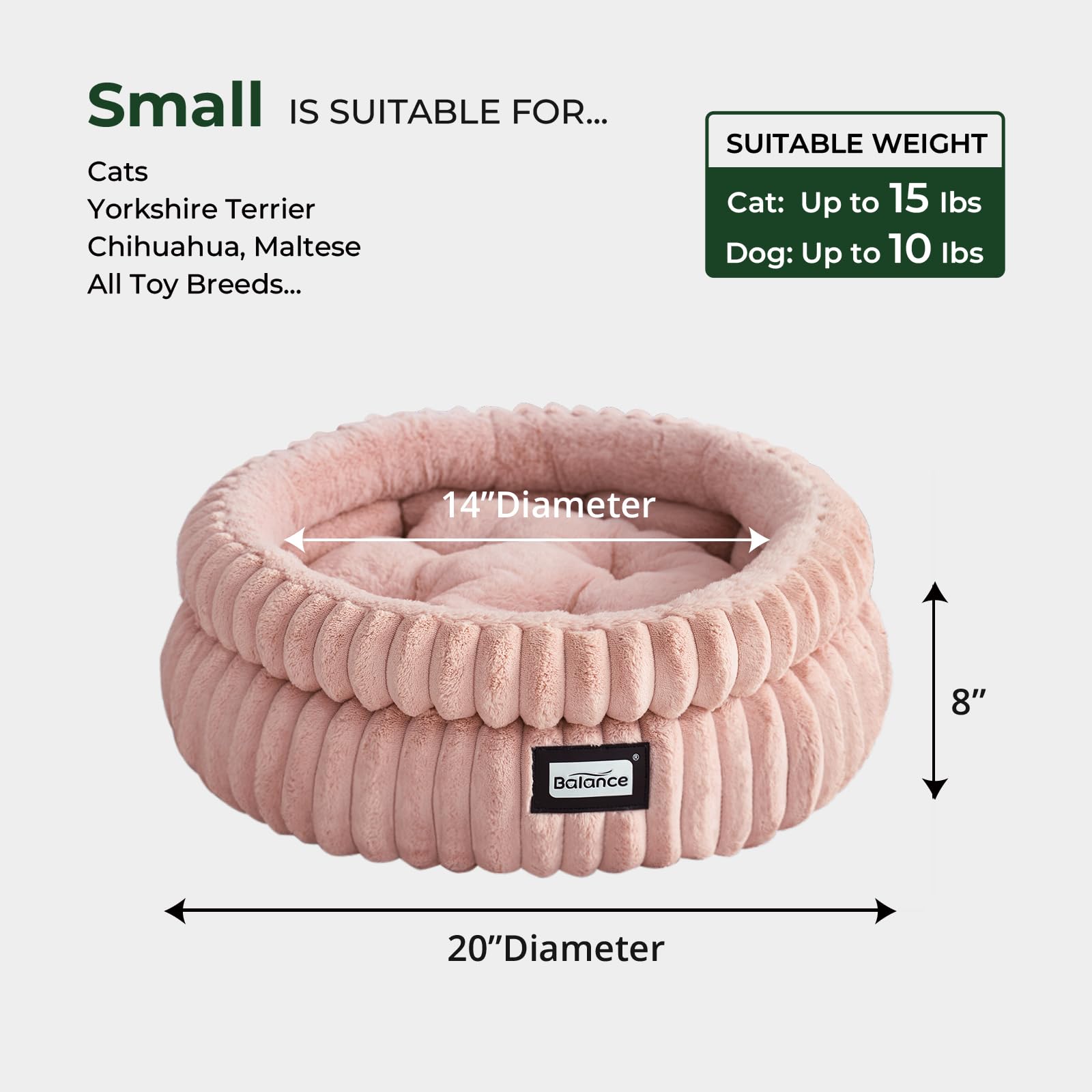 BALANCE Cat Bed Kitten Bed, Washable Round Cat Beds for Indoor Cats, Super Soft Plush Faux Fur Pet Bed for Puppy and Kitten with Anti-Slip Bottom