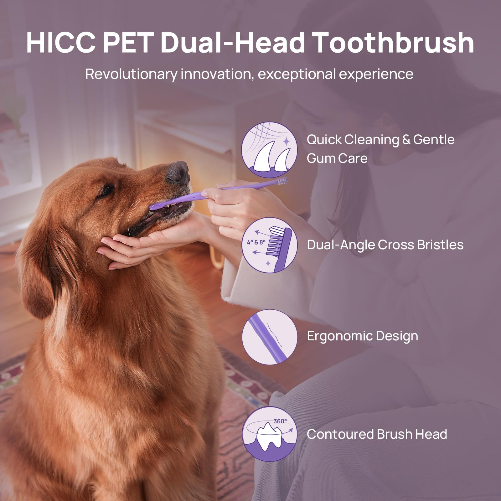 HICC PET Toothbrush for Dogs & Large Cats, Vet-Recommended Dog Toothbrush with Triple Bristle, Ergonomic Design, Improves Oral Hygiene, Deep Teeth Cleaning, Gum & Dental Care, Toothpaste Not Included