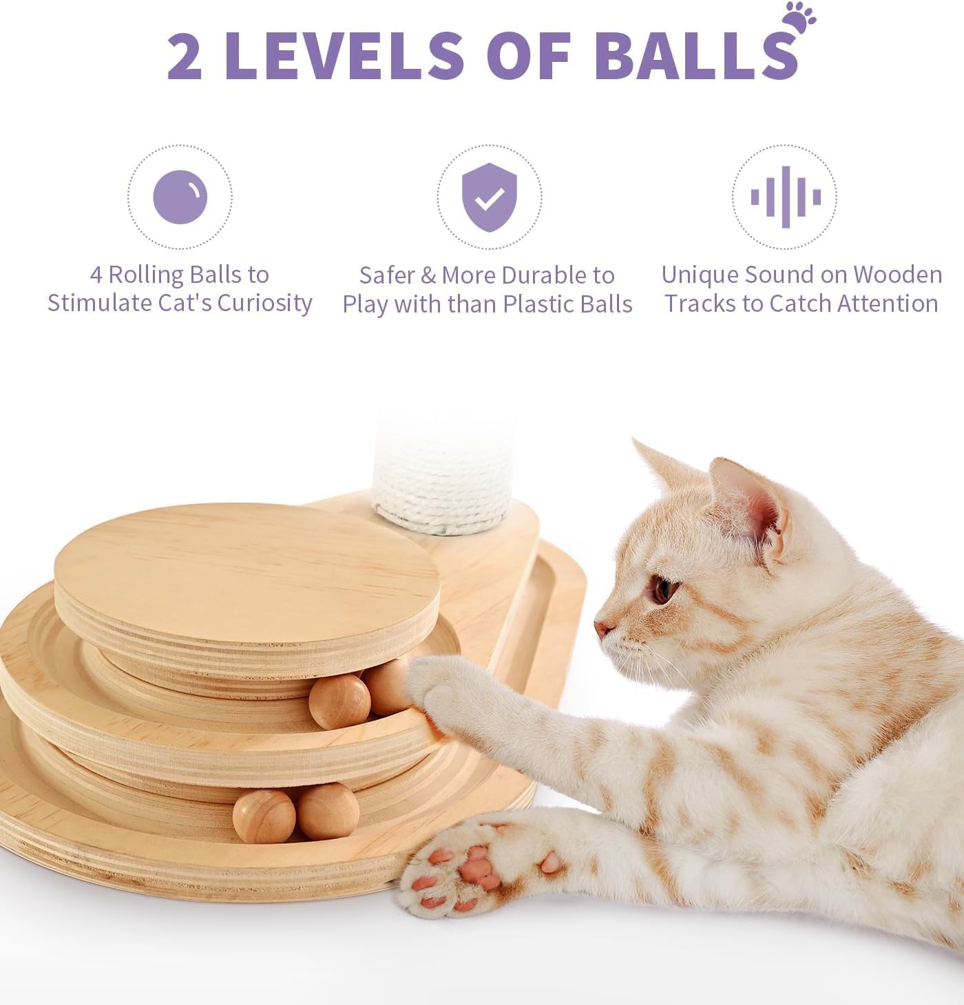 Made4Pets Cat Scratching Post with Cloud Bed Perch & Toys for Indoor Cats, Small Cat Tree Tower with Sisal Cat Scratcher & 2 Layer Track Balls, 6-in-1 with Self Groomer Brush & Plush Balls for Kittens
