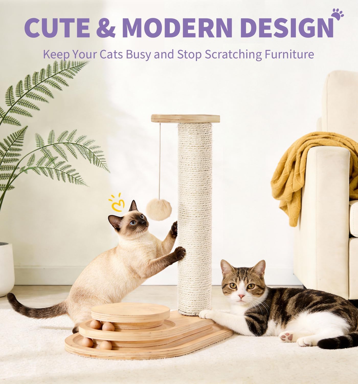 Made4Pets Cat Scratching Post with Cloud Bed Perch & Toys for Indoor Cats, Small Cat Tree Tower with Sisal Cat Scratcher & 2 Layer Track Balls, 6-in-1 with Self Groomer Brush & Plush Balls for Kittens