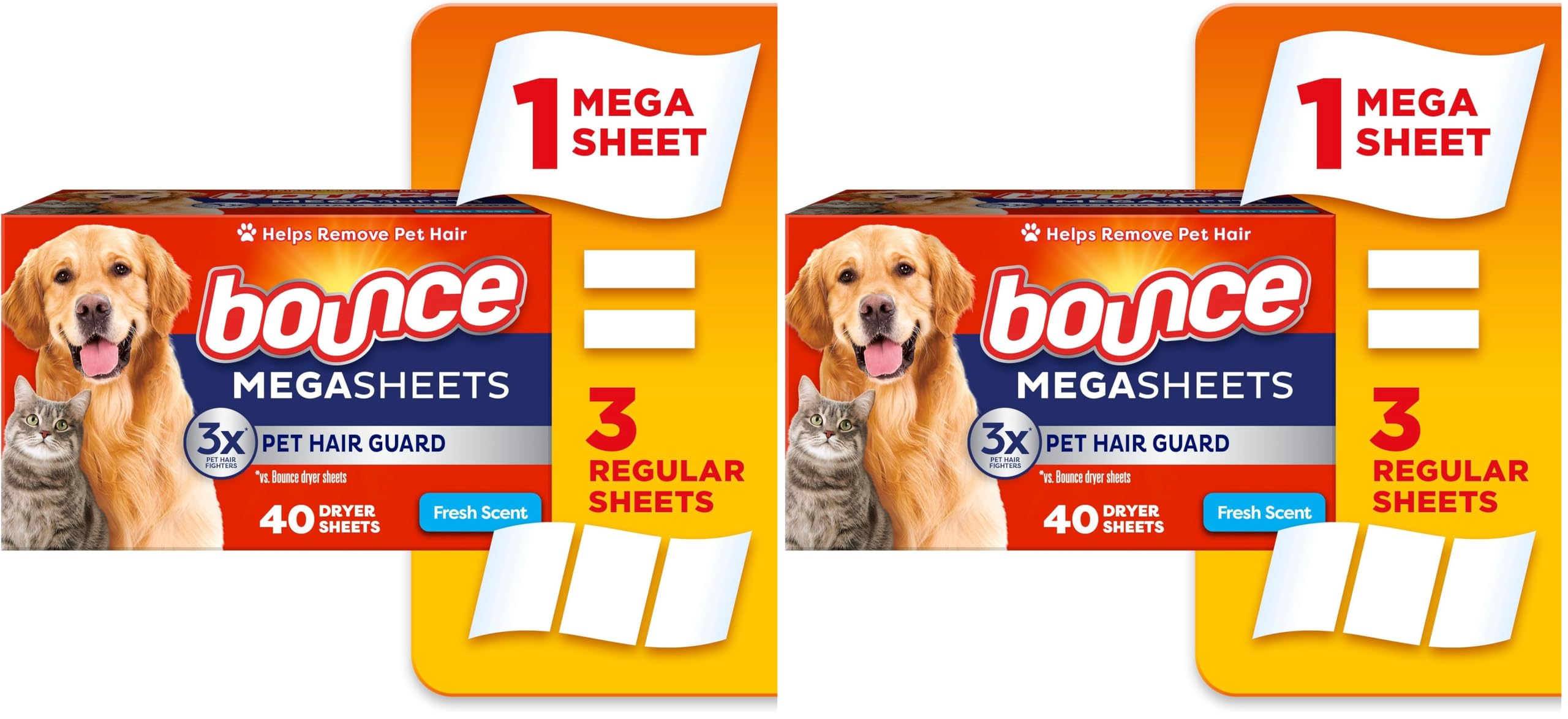 Pet Hair and Lint Guard Mega Dryer Sheets with 3X Pet Hair Fighters, Fresh Scent, 180 Count