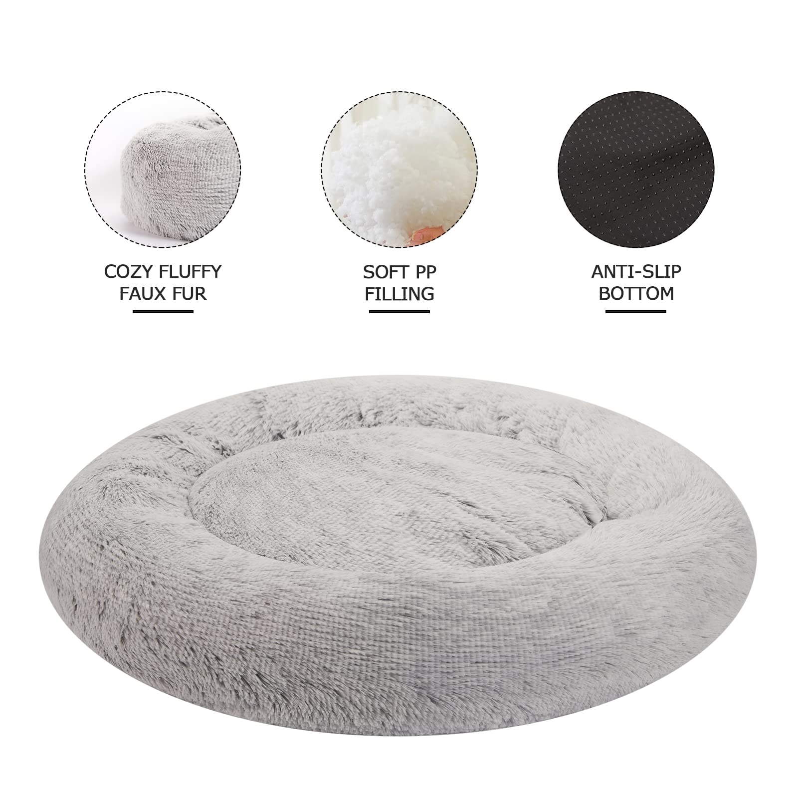 Bedfolks Calming Donut Cat Bed, Dia23 Round Fluffy Dog Beds for Small Dogs & Cat Beds for Indoor Cats, Washable Anti-Anxiety Plush Puppy Bed（Pink, Small）