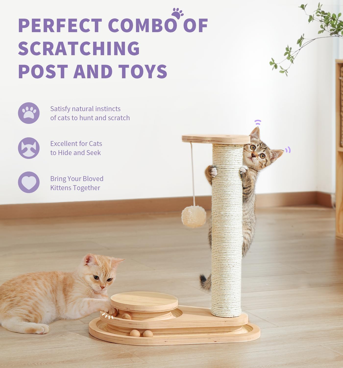 Made4Pets Cat Scratching Post with Cloud Bed Perch & Toys for Indoor Cats, Small Cat Tree Tower with Sisal Cat Scratcher & 2 Layer Track Balls, 6-in-1 with Self Groomer Brush & Plush Balls for Kittens