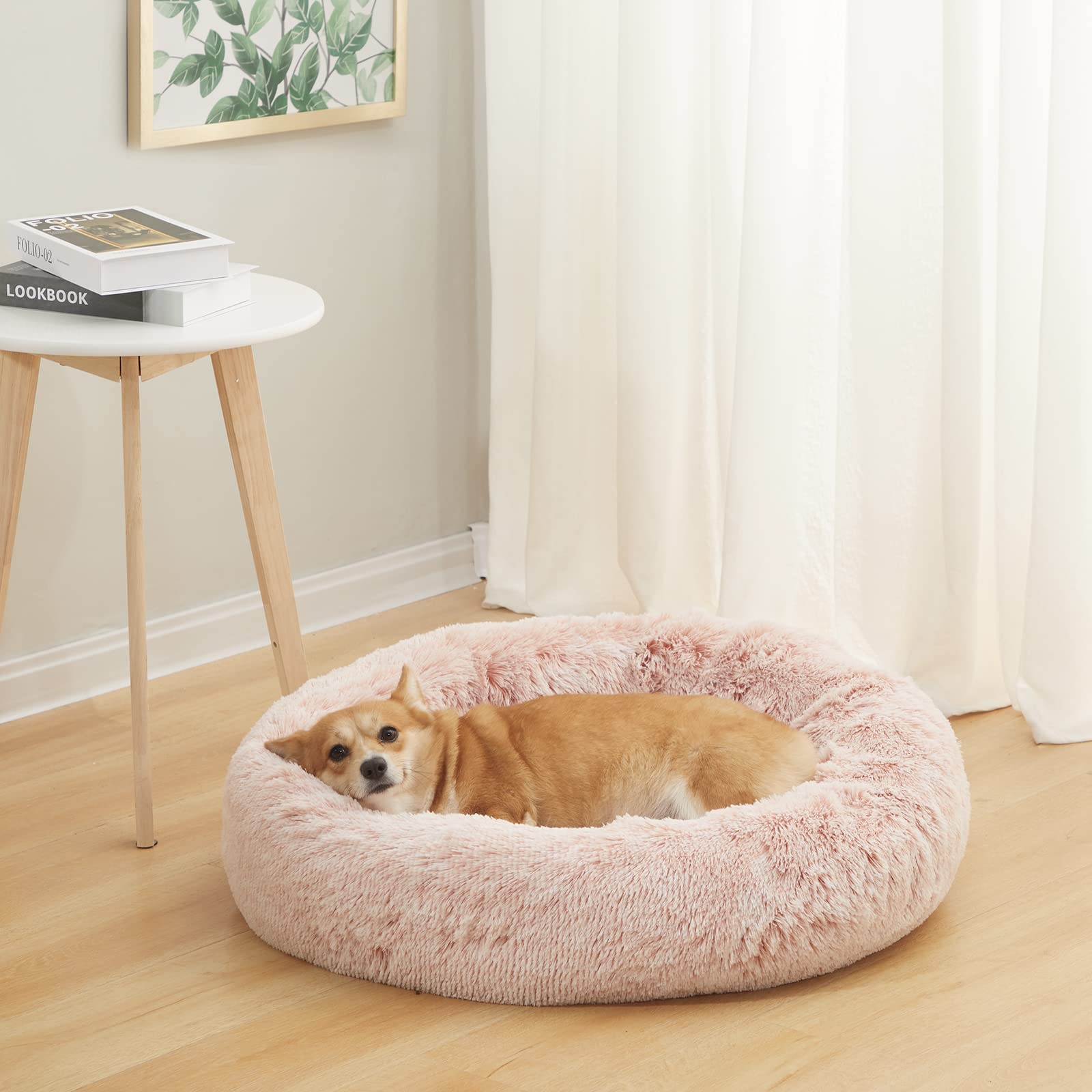 Bedfolks Calming Donut Cat Bed, Dia23 Round Fluffy Dog Beds for Small Dogs & Cat Beds for Indoor Cats, Washable Anti-Anxiety Plush Puppy Bed（Pink, Small）