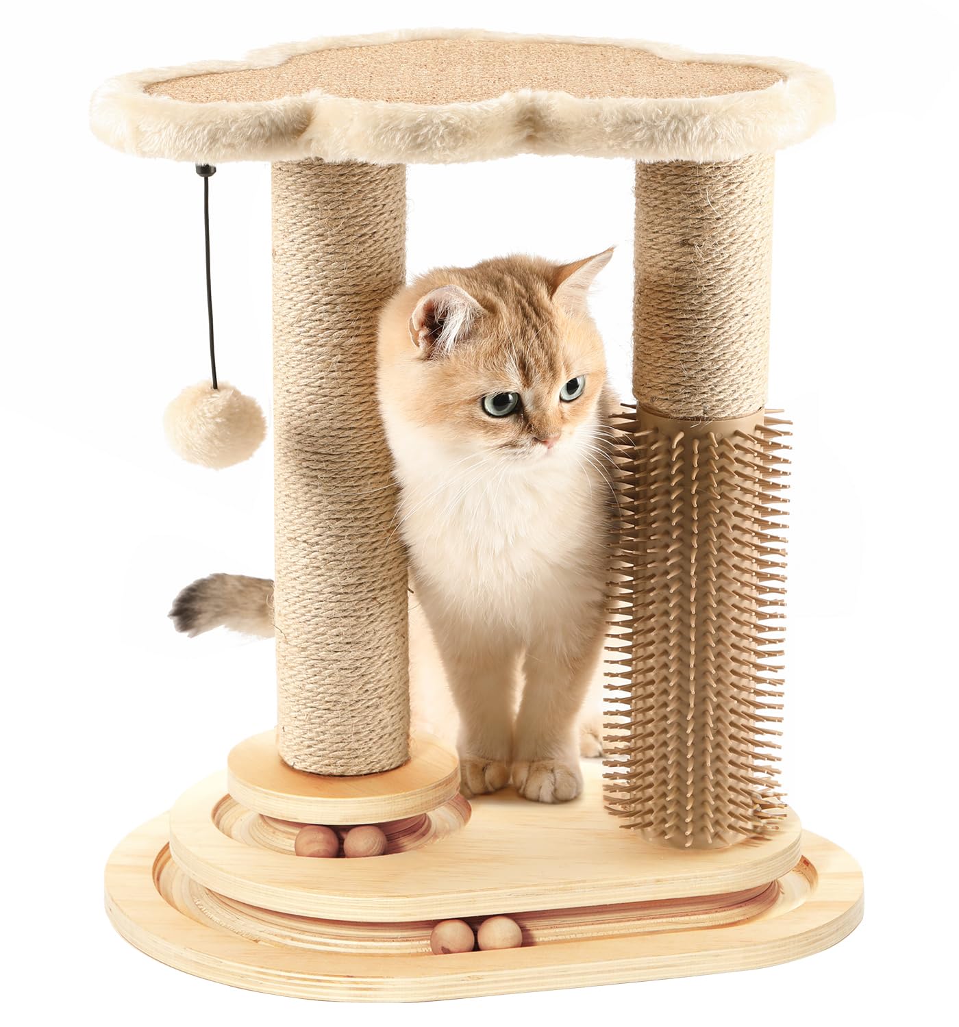 Made4Pets Cat Scratching Post with Cloud Bed Perch & Toys for Indoor Cats, Small Cat Tree Tower with Sisal Cat Scratcher & 2 Layer Track Balls, 6-in-1 with Self Groomer Brush & Plush Balls for Kittens