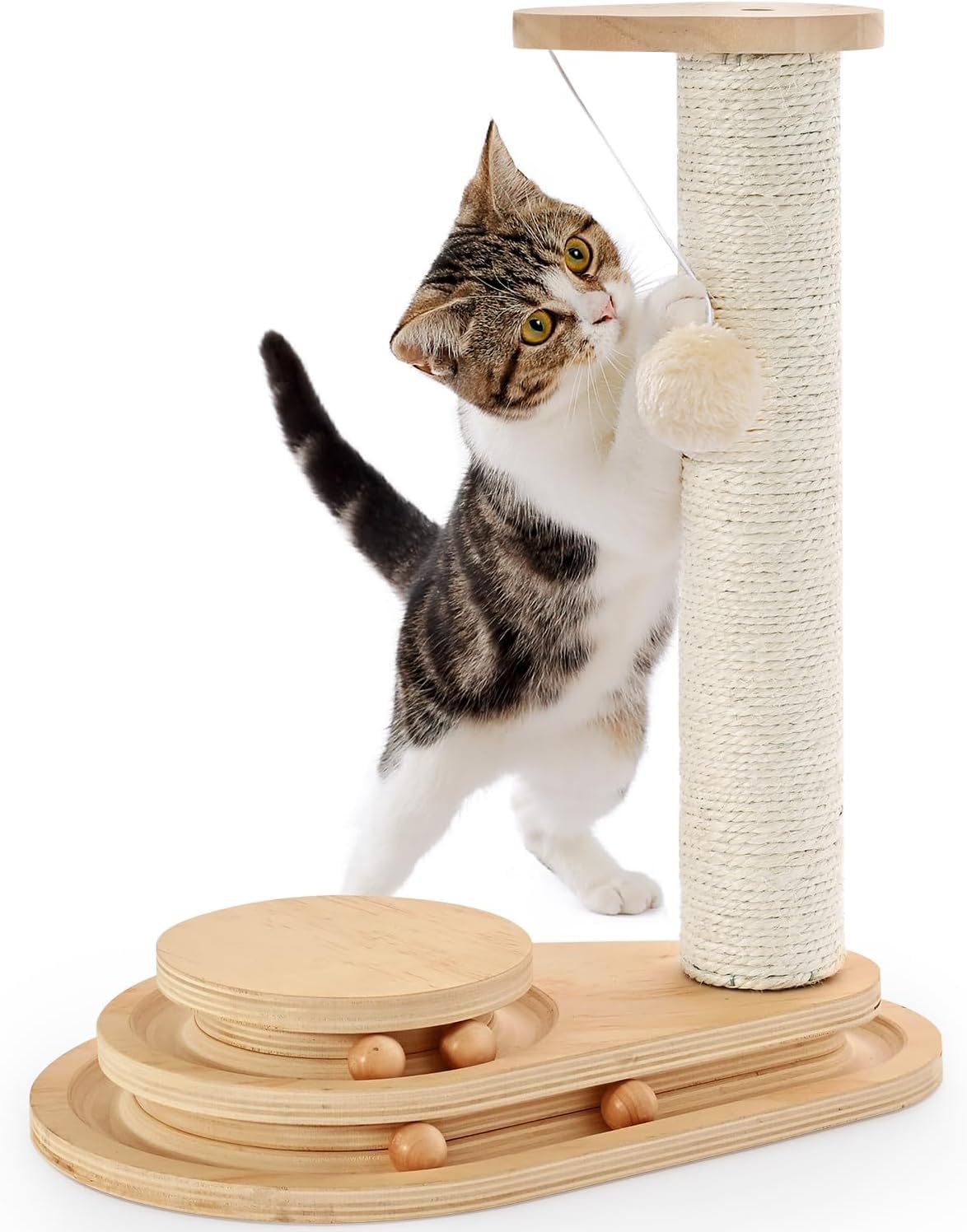 Made4Pets Cat Scratching Post with Cloud Bed Perch & Toys for Indoor Cats, Small Cat Tree Tower with Sisal Cat Scratcher & 2 Layer Track Balls, 6-in-1 with Self Groomer Brush & Plush Balls for Kittens