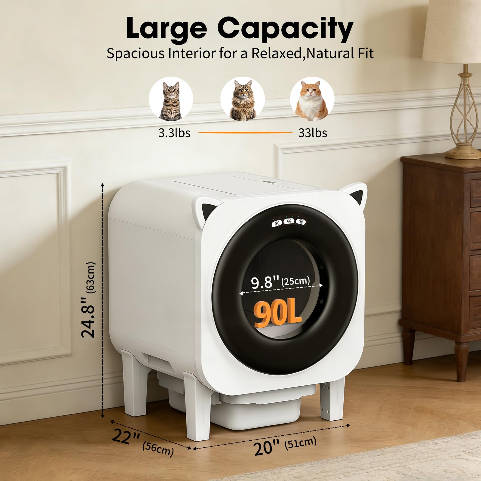Automatic Cat Litter Box, Self Cleaning Litter Box for Multiple Cats, 90L Automatic Litter Box with APP Control, Multiple Safety Sensor, Smart Health Monitor,1 Trash Bags