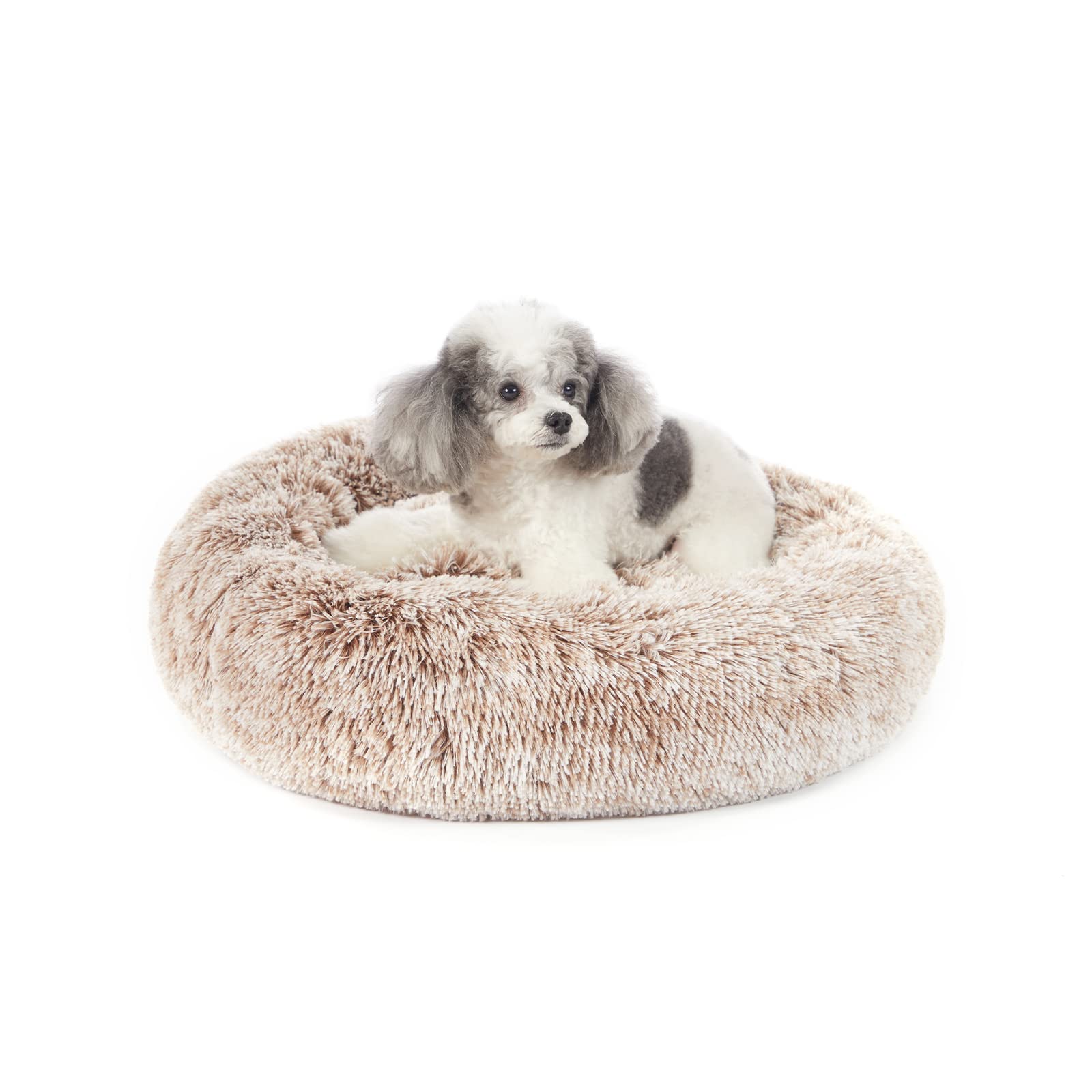 Bedfolks Calming Donut Cat Bed, Dia23 Round Fluffy Dog Beds for Small Dogs & Cat Beds for Indoor Cats, Washable Anti-Anxiety Plush Puppy Bed（Pink, Small）