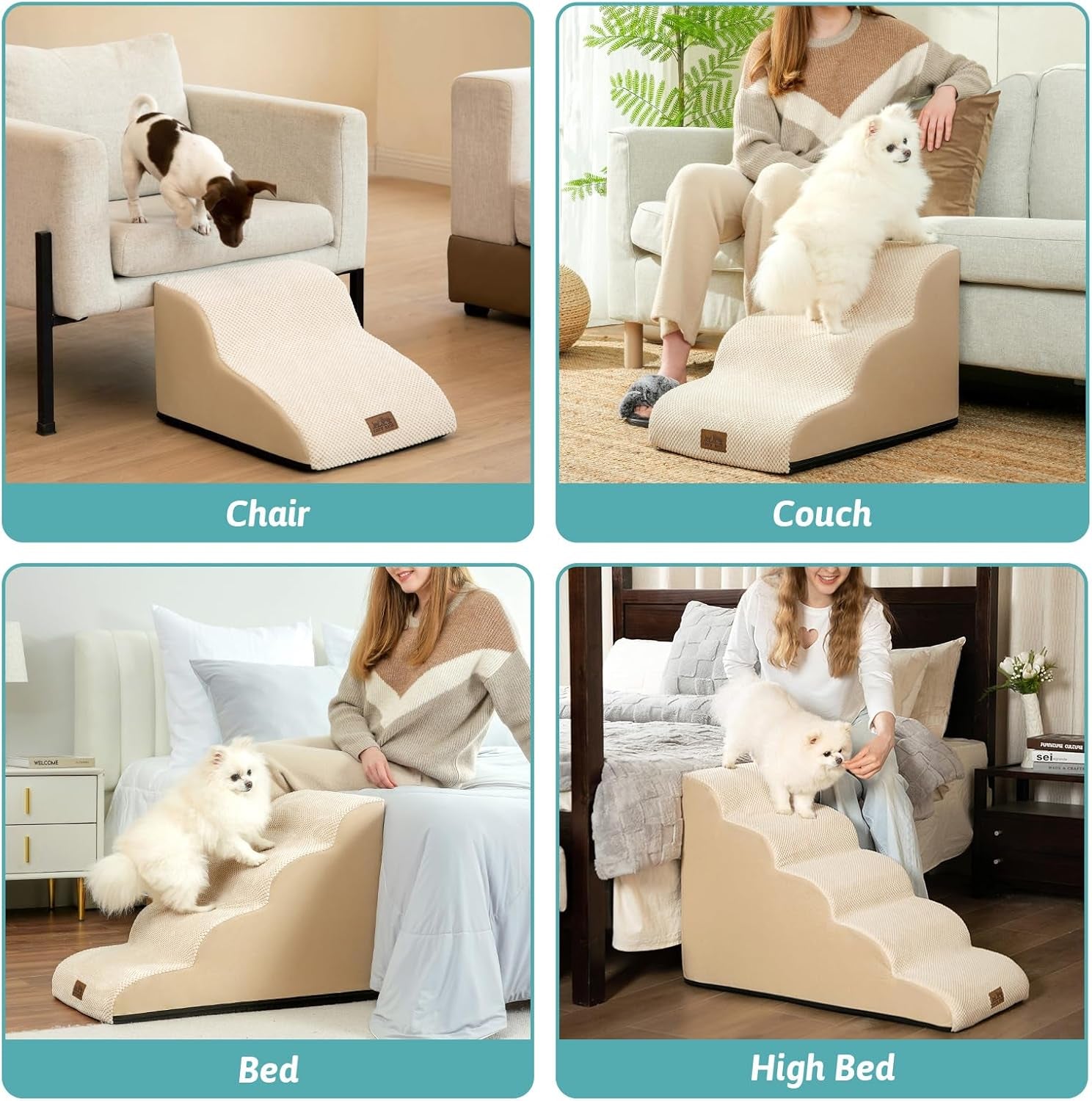 Dog Stairs for Small Dogs 15.7" H, Curved Dog Step for Puppy, Older Cat, Medium Pet Ramp for Sofa, Couch or Chair, Ladder with High Density Foam, 3 Step, 15.7X22.4X15.7 Inch, Beige