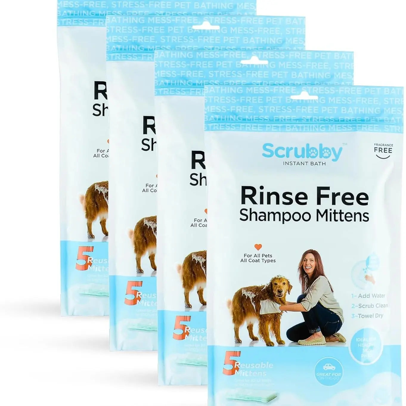 Rinse Free Shampoo Mittens for Dogs, Bath Wipes for Bathing and Washing Pets, Hypoallergenic No Rinse Wash Mitt for Grooming, Lather Wipe Dry - 5 Pack