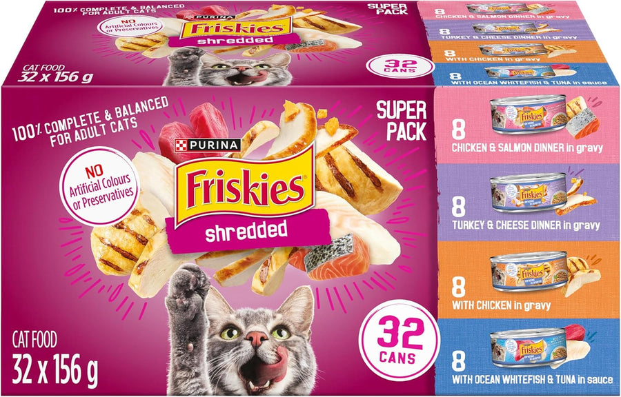 Friskies Shredded Wet Cat Food, Poultry & Fish Combo Variety Pack 4 Flavours - 156 g Can (32 Pack)