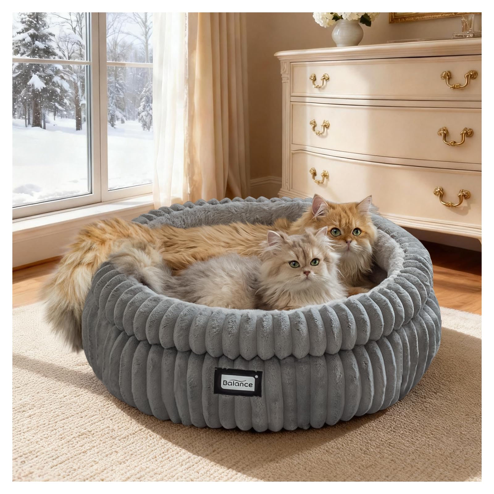 BALANCE Cat Bed Kitten Bed, Washable Round Cat Beds for Indoor Cats, Super Soft Plush Faux Fur Pet Bed for Puppy and Kitten with Anti-Slip Bottom