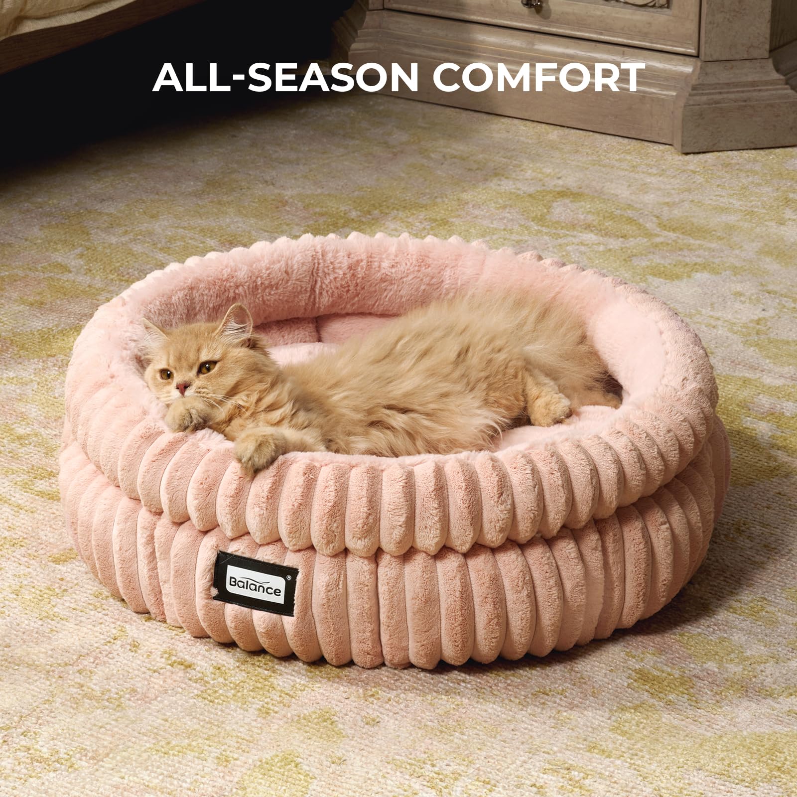BALANCE Cat Bed Kitten Bed, Washable Round Cat Beds for Indoor Cats, Super Soft Plush Faux Fur Pet Bed for Puppy and Kitten with Anti-Slip Bottom
