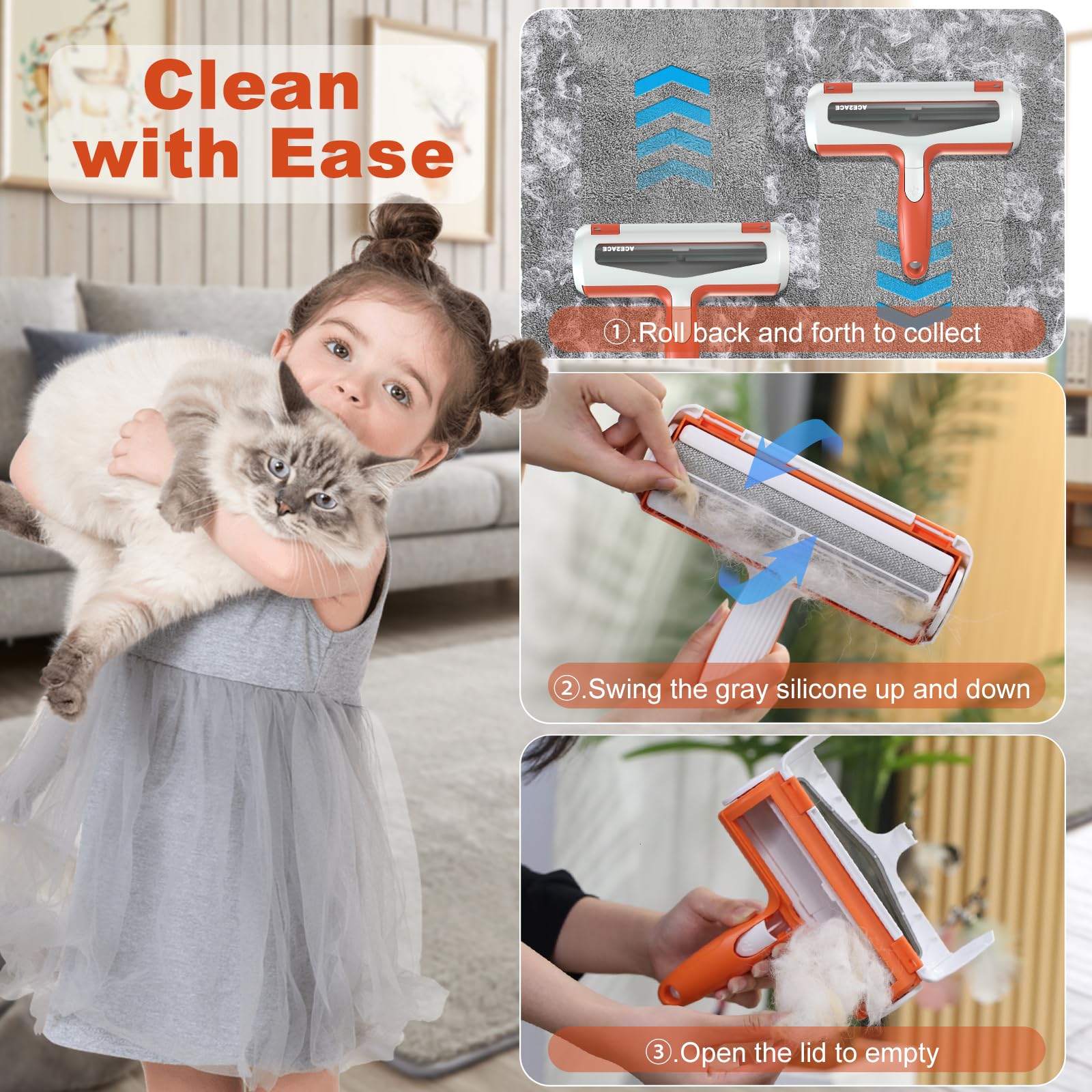 Pet Hair Remover Roller, ACE2ACE Reusable Animal Hair Removal Brush for Dogs and Cats, Self Clean Pet Fur from Carpet, Furniture, Rugs, Laundry, Clothes and Bedding, Sofa