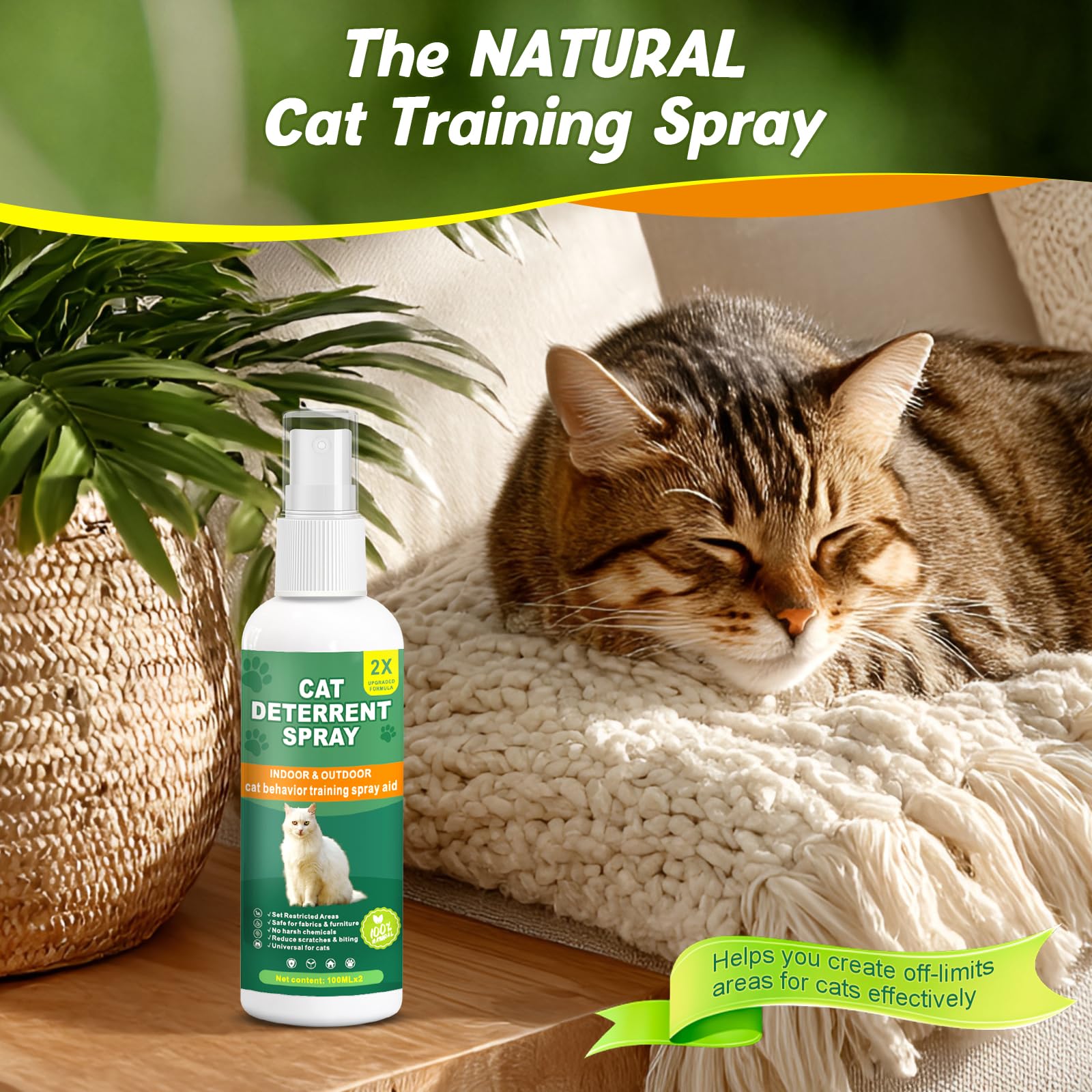 Cat Deterrent Spray for Furniture, 2 Pack Natural Indoor & Outdoor No Scratch Training Spray for Cats and Kittens, Protects Sofas, Rugs, Curtains and Plants, Non-Toxic Formula