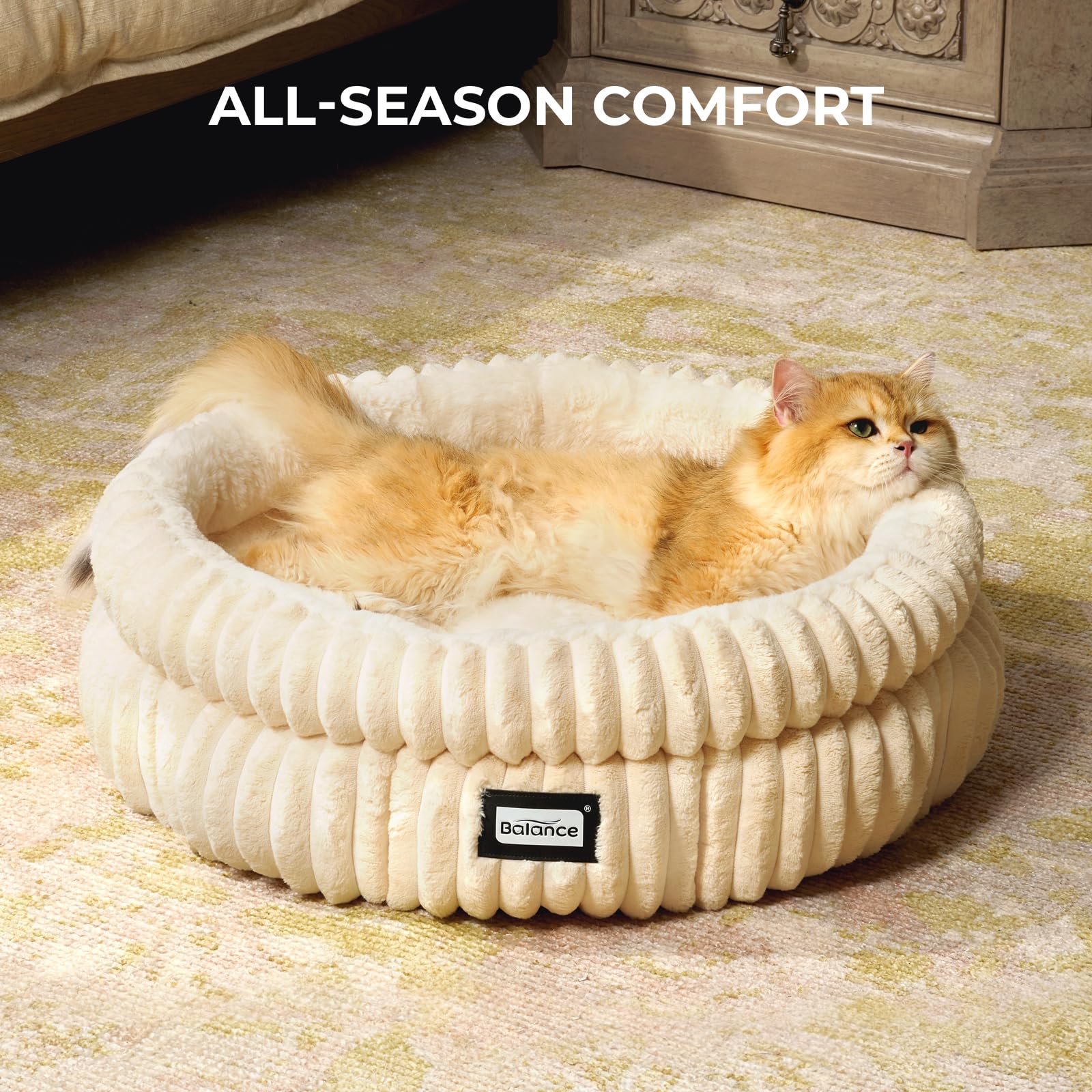 BALANCE Cat Bed Kitten Bed, Washable Round Cat Beds for Indoor Cats, Super Soft Plush Faux Fur Pet Bed for Puppy and Kitten with Anti-Slip Bottom