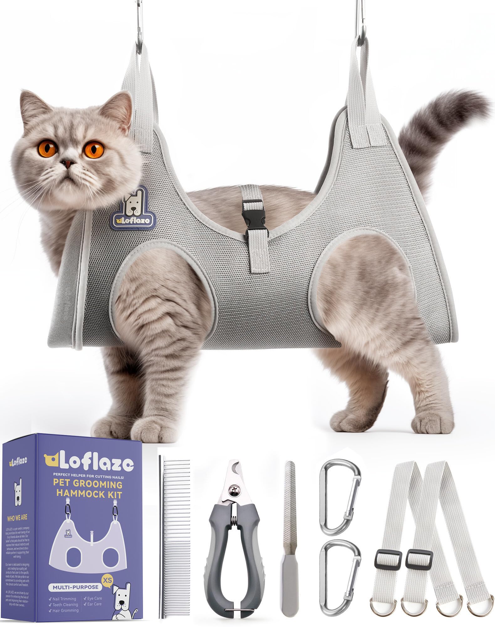 Loflaze Dog Grooming Hammock Harness for Dogs & Cats with Pet Nail Clipper Trimmer - Cat Hanger Sling for Trimming Clipping Nails- Dog Hammock Restraint Bag for Small Medium Large Dog （ Grey XS）