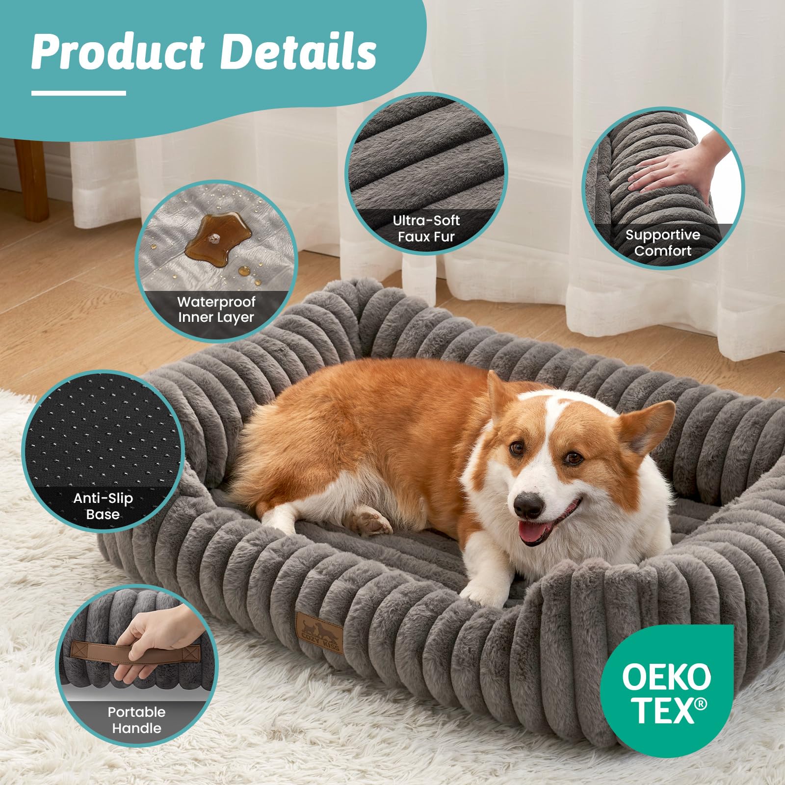 COZY KISS Orthopedic Dog Bed for Small Dogs & Medium Dogs - Washable Rectangle Pet Bed with Anti-Slip Bottom, Soft Calming Cat & Puppy Bed for Indoor Pets (30"x23"x7", Cream)