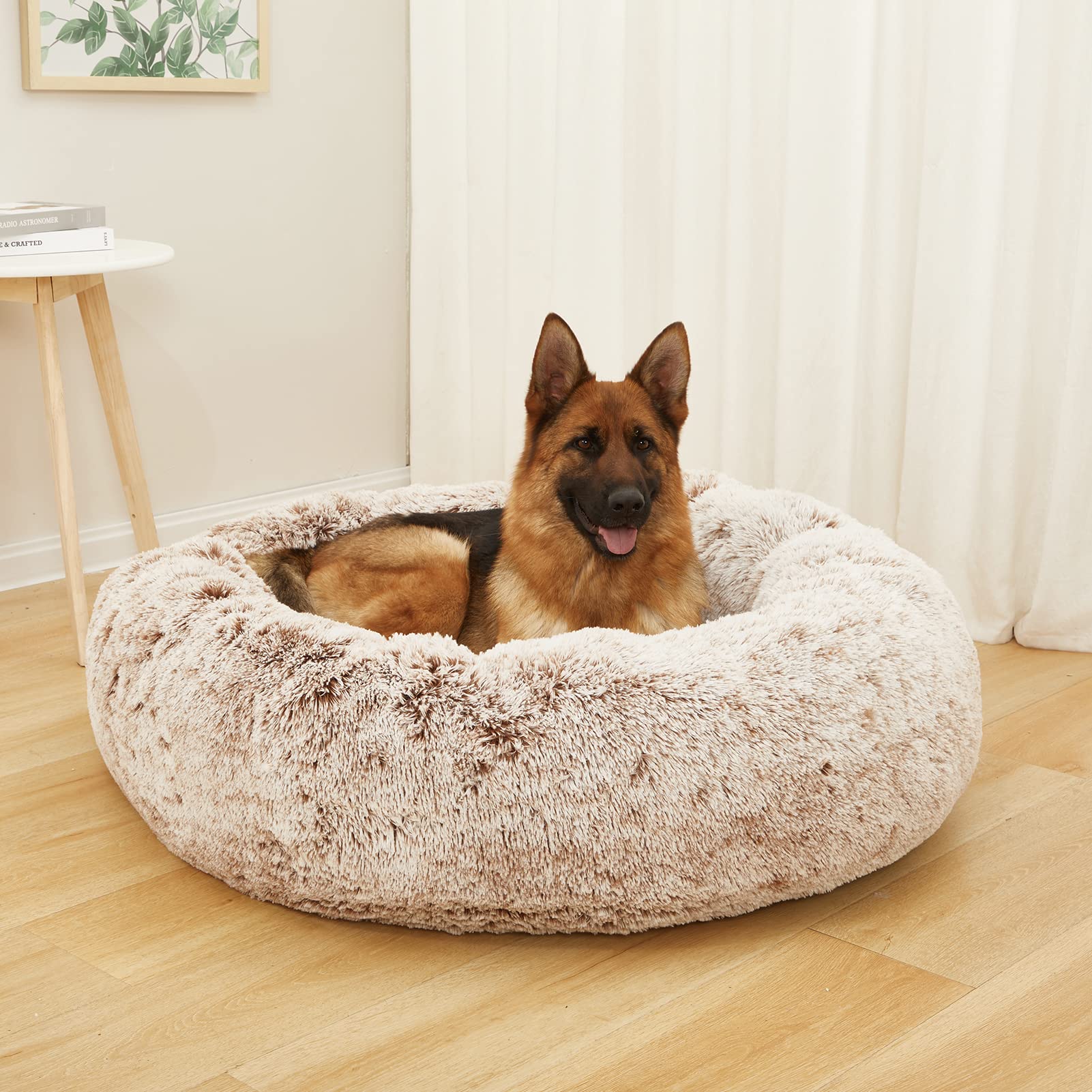 Bedfolks Calming Donut Cat Bed, Dia23 Round Fluffy Dog Beds for Small Dogs & Cat Beds for Indoor Cats, Washable Anti-Anxiety Plush Puppy Bed（Pink, Small）