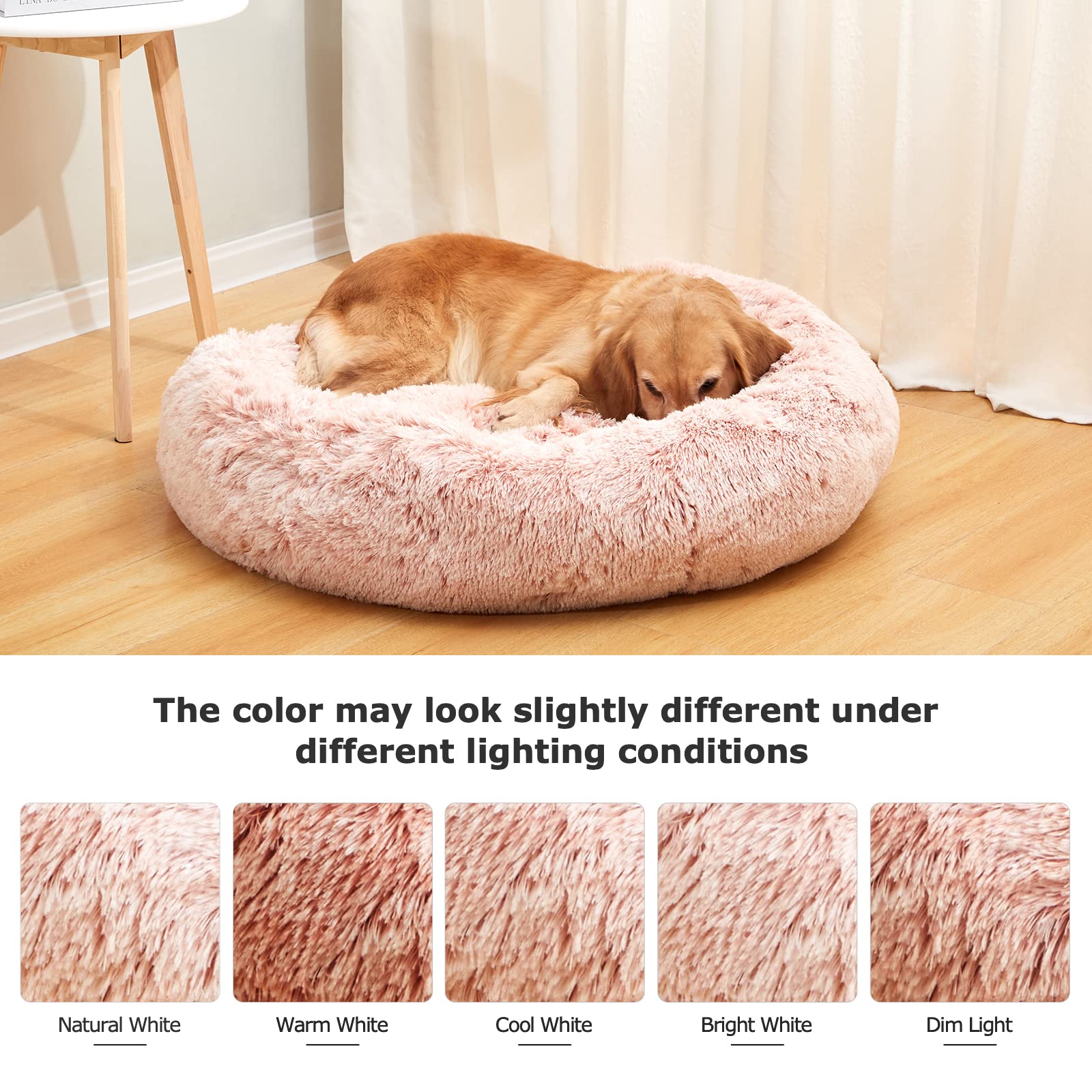 Bedfolks Calming Donut Cat Bed, Dia23 Round Fluffy Dog Beds for Small Dogs & Cat Beds for Indoor Cats, Washable Anti-Anxiety Plush Puppy Bed（Pink, Small）