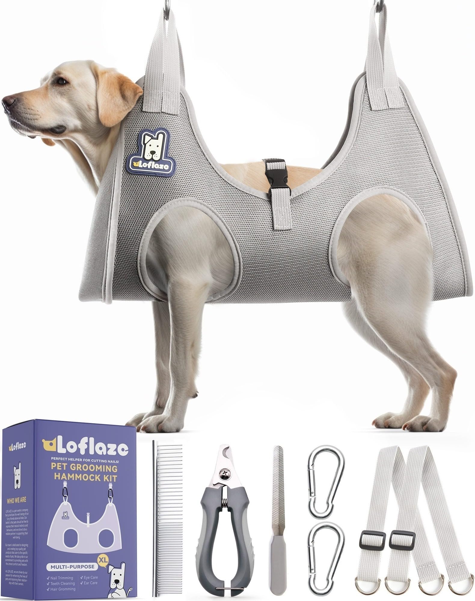 Loflaze Dog Grooming Hammock Harness for Dogs & Cats with Pet Nail Clipper Trimmer - Cat Hanger Sling for Trimming Clipping Nails- Dog Hammock Restraint Bag for Small Medium Large Dog （ Grey XS）