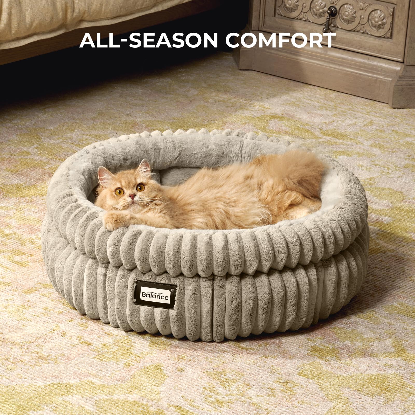 BALANCE Cat Bed Kitten Bed, Washable Round Cat Beds for Indoor Cats, Super Soft Plush Faux Fur Pet Bed for Puppy and Kitten with Anti-Slip Bottom