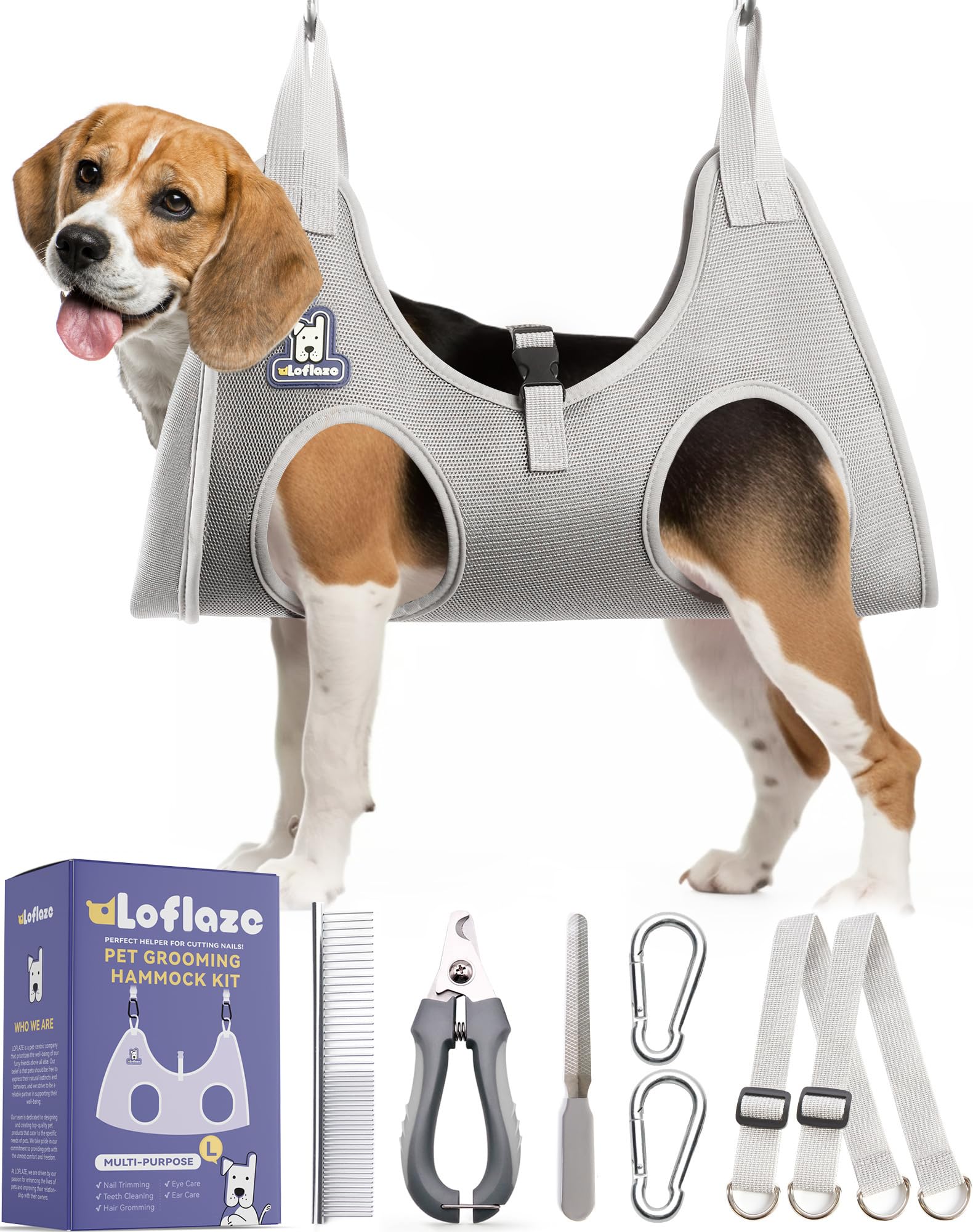Loflaze Dog Grooming Hammock Harness for Dogs & Cats with Pet Nail Clipper Trimmer - Cat Hanger Sling for Trimming Clipping Nails- Dog Hammock Restraint Bag for Small Medium Large Dog （ Grey XS）