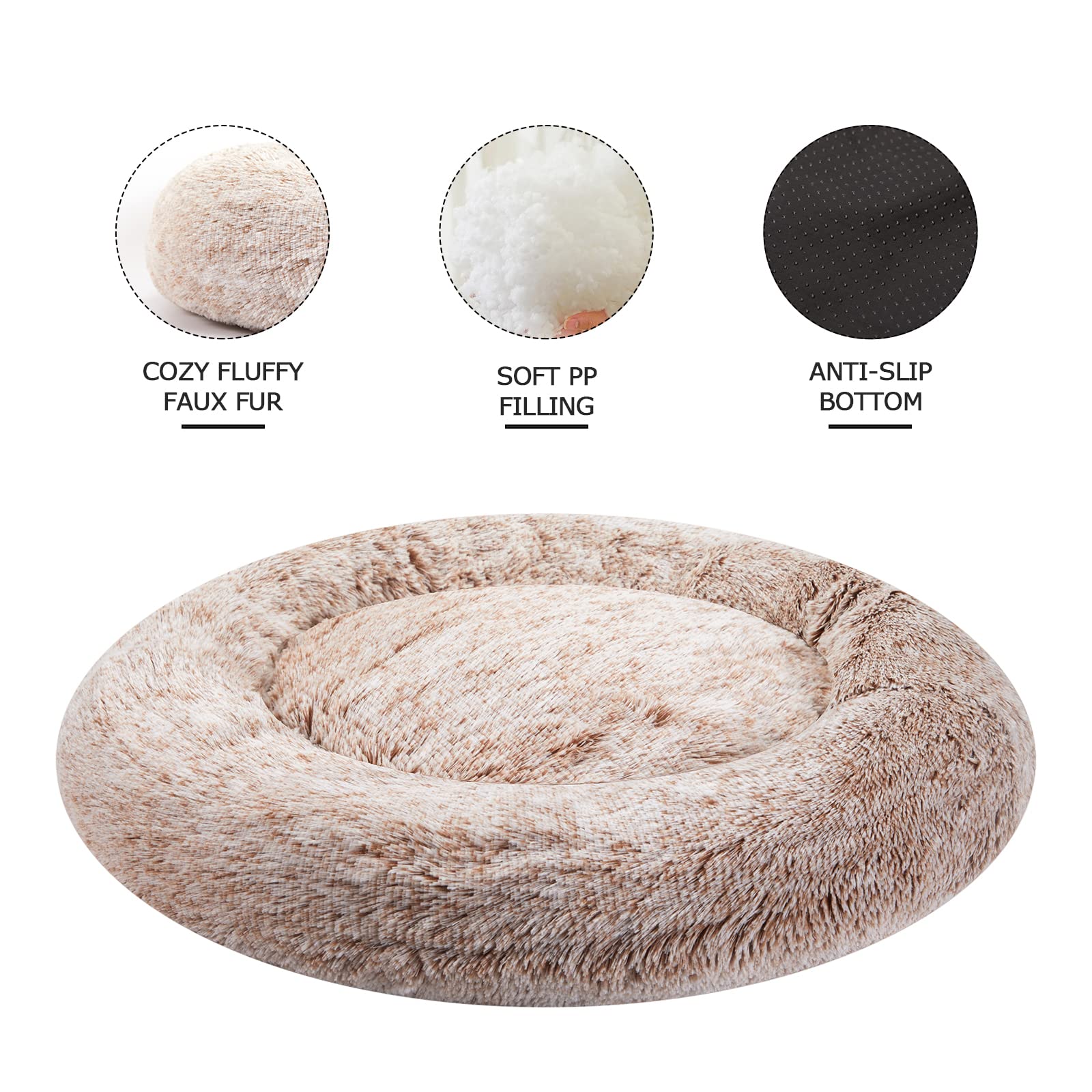 Bedfolks Calming Donut Cat Bed, Dia23 Round Fluffy Dog Beds for Small Dogs & Cat Beds for Indoor Cats, Washable Anti-Anxiety Plush Puppy Bed（Pink, Small）