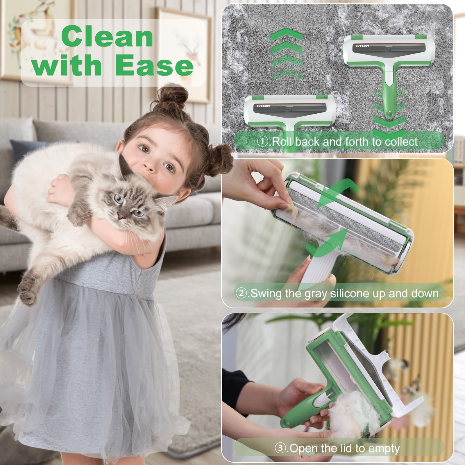 Pet Hair Remover Roller, ACE2ACE Reusable Animal Hair Removal Brush for Dogs and Cats, Self Clean Pet Fur from Carpet, Furniture, Rugs, Laundry, Clothes and Bedding, Sofa
