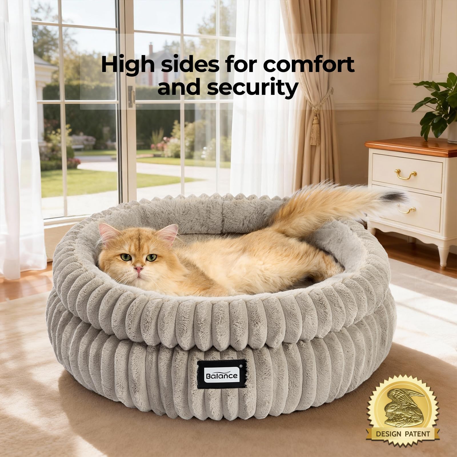 BALANCE Cat Bed Kitten Bed, Washable Round Cat Beds for Indoor Cats, Super Soft Plush Faux Fur Pet Bed for Puppy and Kitten with Anti-Slip Bottom
