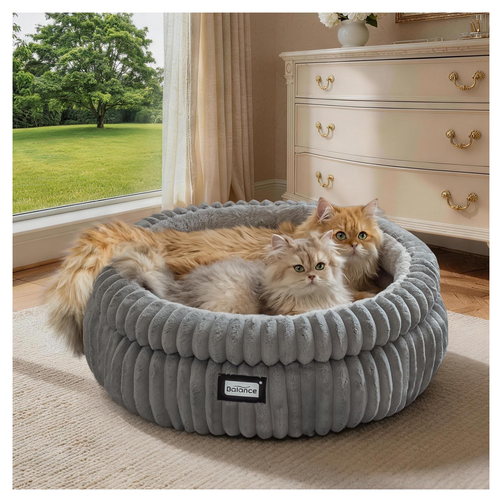 BALANCE Cat Bed Kitten Bed, Washable Round Cat Beds for Indoor Cats, Super Soft Plush Faux Fur Pet Bed for Puppy and Kitten with Anti-Slip Bottom