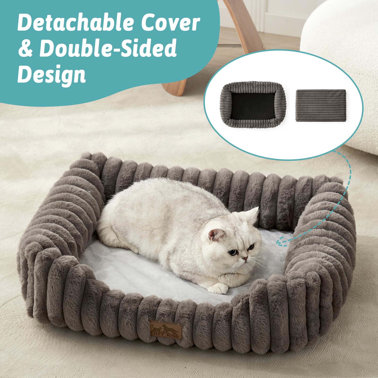 COZY KISS Orthopedic Dog Bed for Small Dogs & Medium Dogs - Washable Rectangle Pet Bed with Anti-Slip Bottom, Soft Calming Cat & Puppy Bed for Indoor Pets (30"x23"x7", Cream)