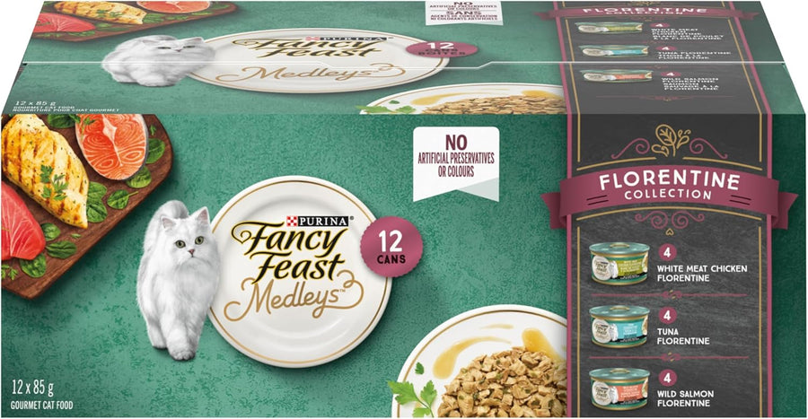 Fancy Feast Medleys Wet Cat Food, Florentine Collection Variety Pack 3 Flavours - 85 g Can (12 Pack)