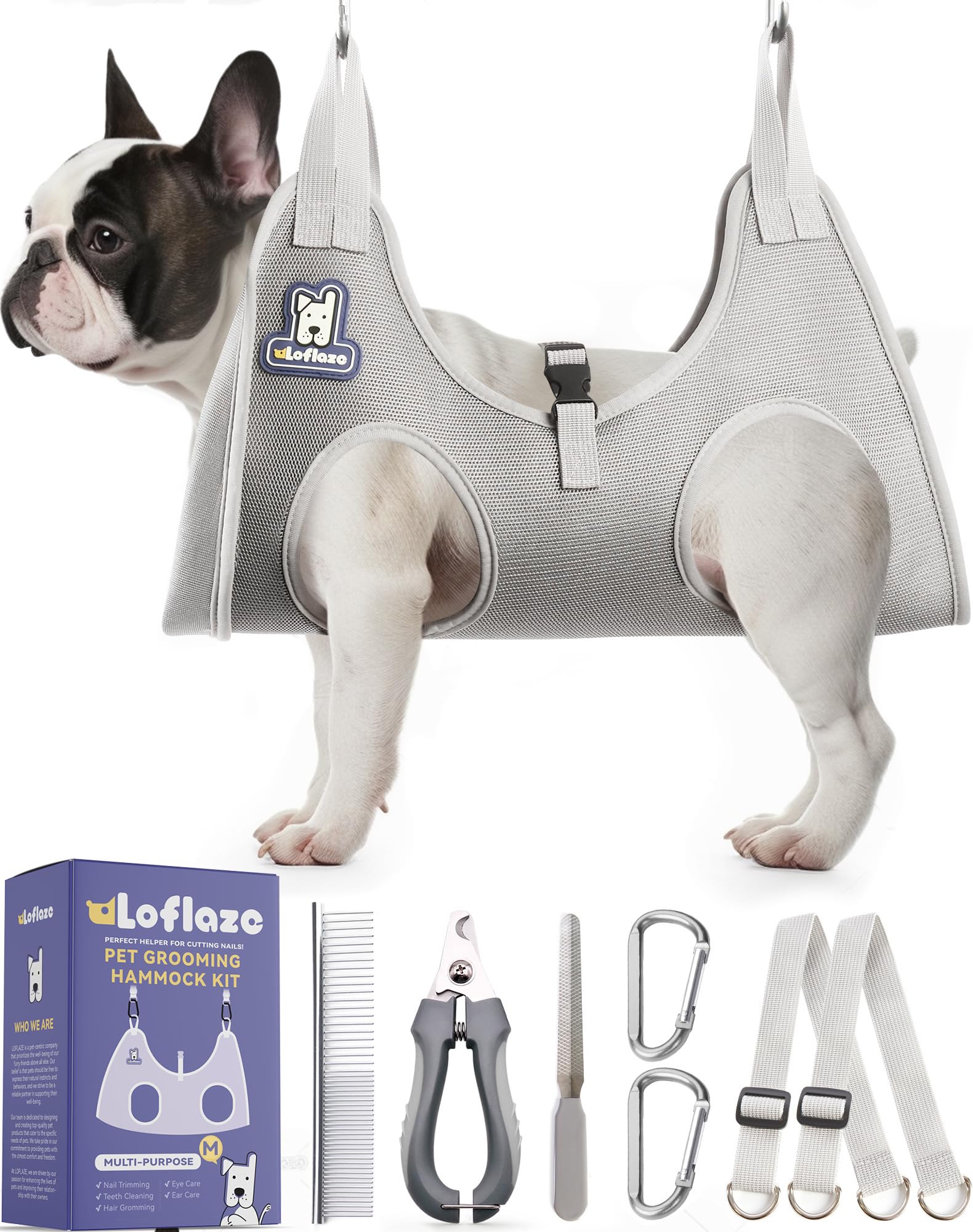 Loflaze Dog Grooming Hammock Harness for Dogs & Cats with Pet Nail Clipper Trimmer - Cat Hanger Sling for Trimming Clipping Nails- Dog Hammock Restraint Bag for Small Medium Large Dog （ Grey XS）