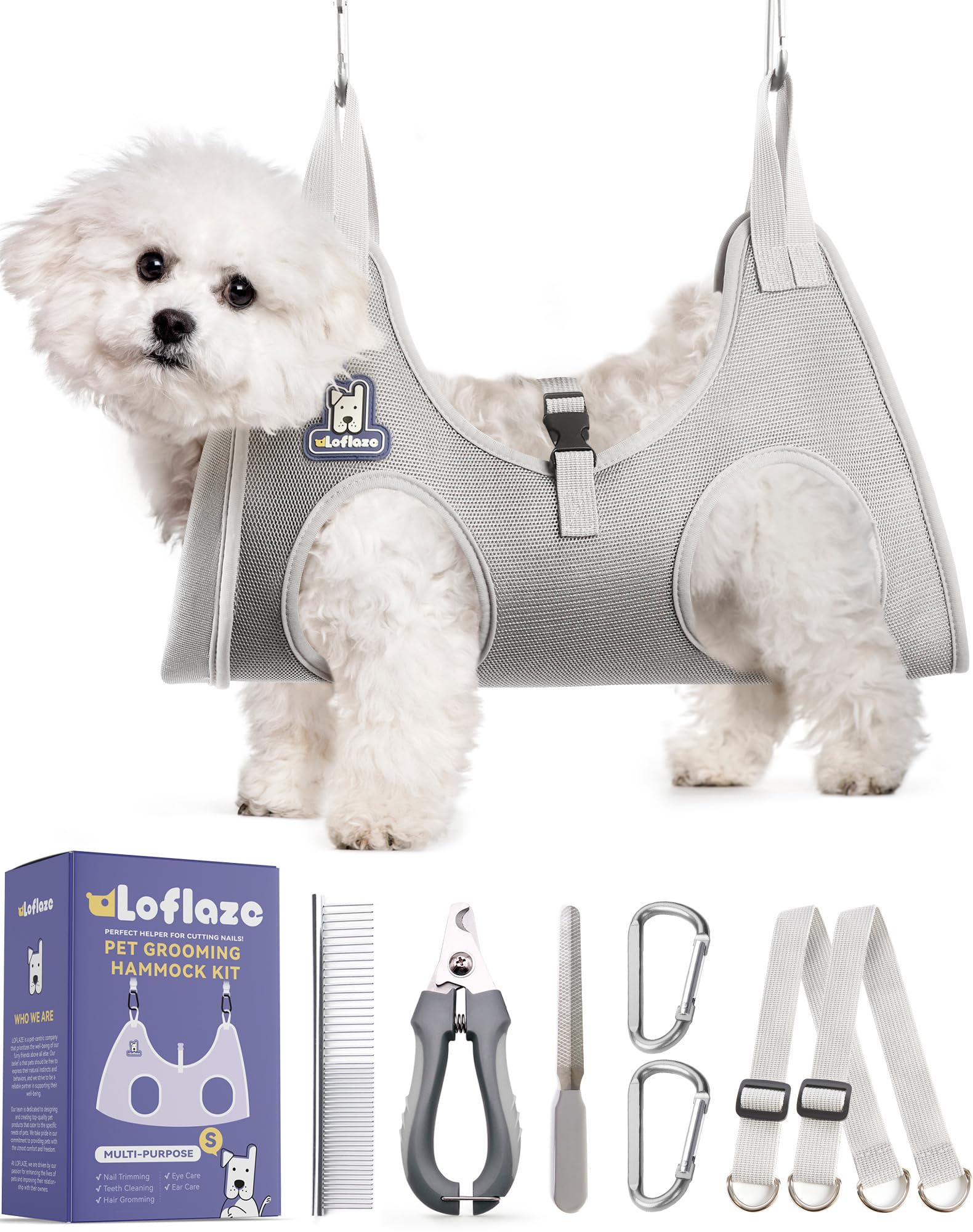 Loflaze Dog Grooming Hammock Harness for Dogs & Cats with Pet Nail Clipper Trimmer - Cat Hanger Sling for Trimming Clipping Nails- Dog Hammock Restraint Bag for Small Medium Large Dog （ Grey XS）