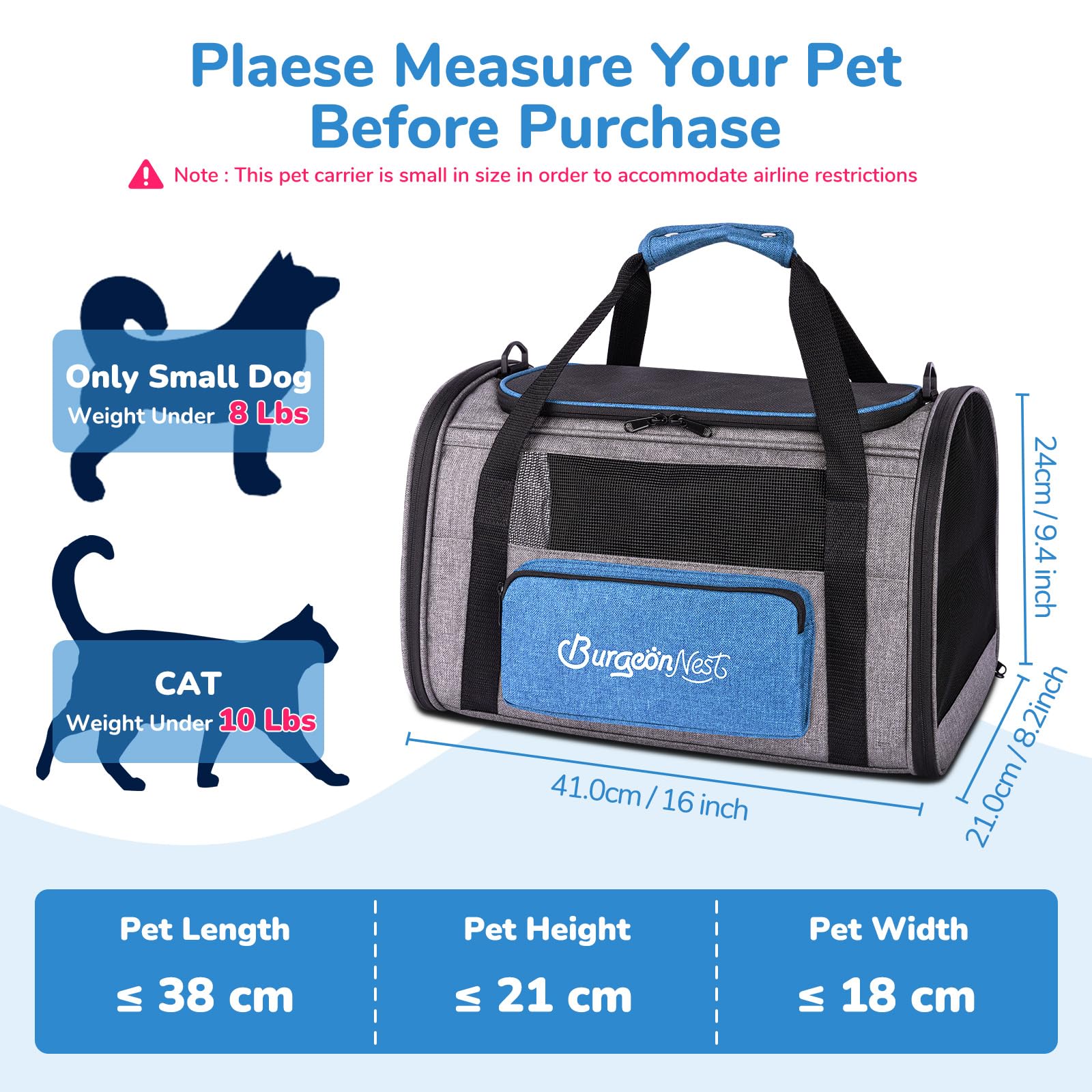 BurgeonNest Cat Carriers for Medium Cats Under 25 lbs, Pet Carrier for Cats with Unique Side Bag,Top Load Small Pet Carrier Soft-Sided Escape Proof with 4 Ventilated Windows