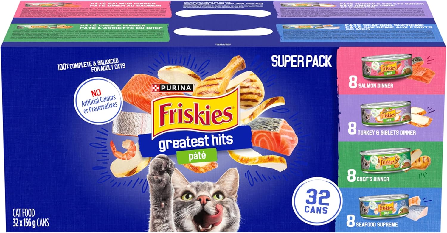 Friskies Greatest Hits Wet Cat Food, Pate Variety Pack 4 Flavours - 156 g Can (32 Pack)